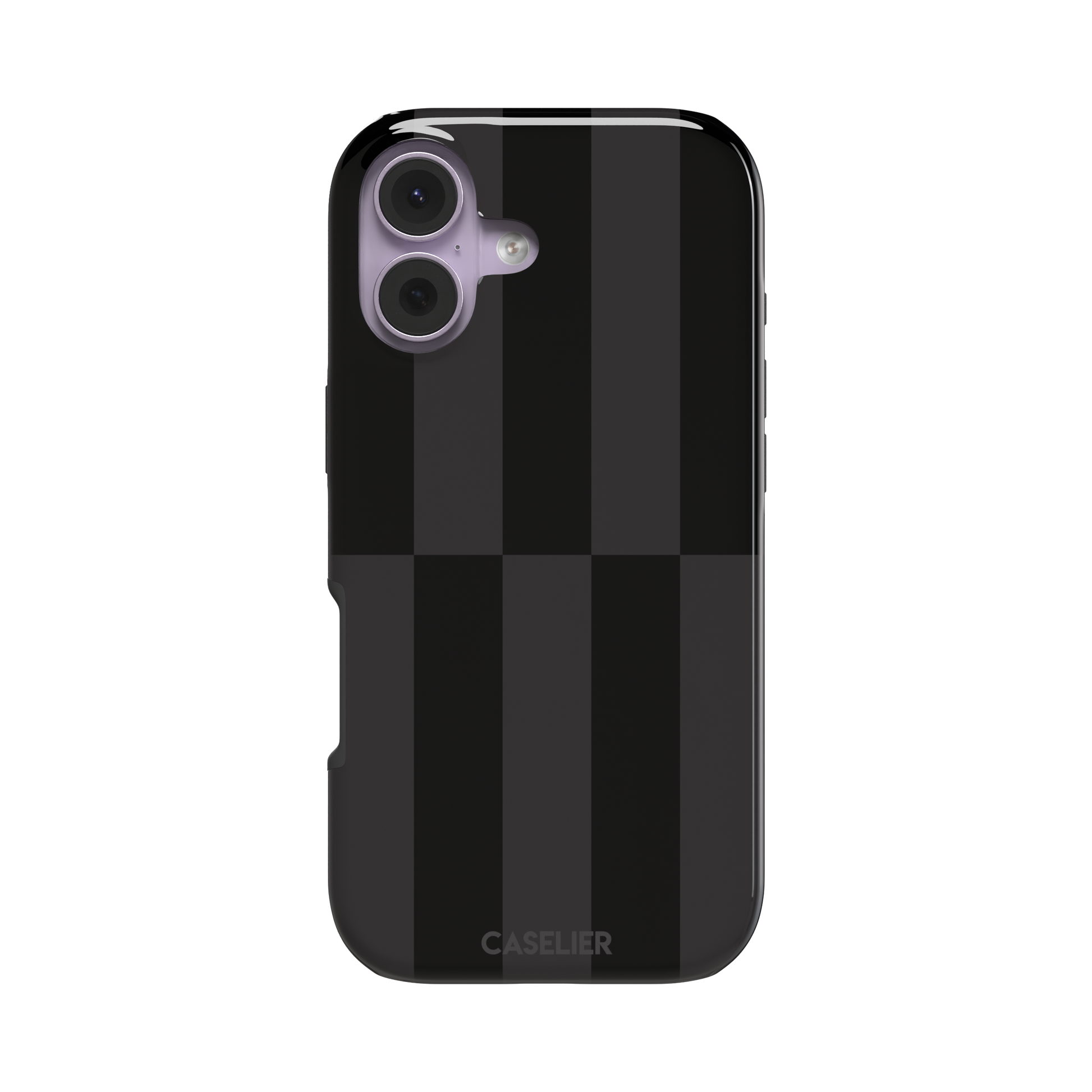 Shifted Stripe phone case in deep black and dark charcoal vertical offset checkerboard pattern, phone case by Caselier — tough case, front view