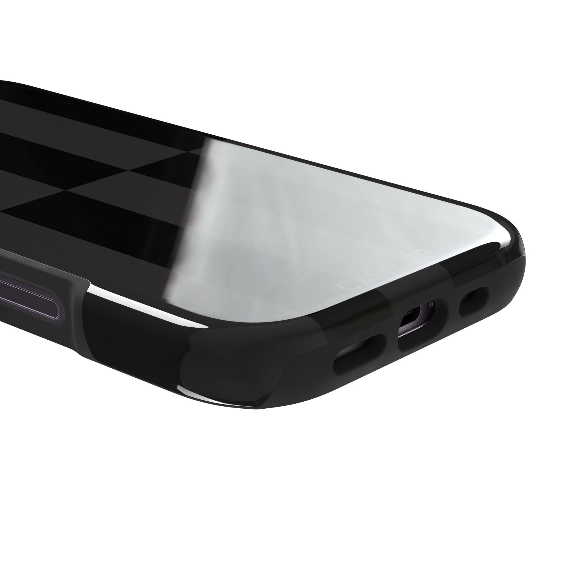 Shifted Stripe phone case in deep black and dark charcoal vertical offset checkerboard pattern, phone case by Caselier — tough case, charging port detail