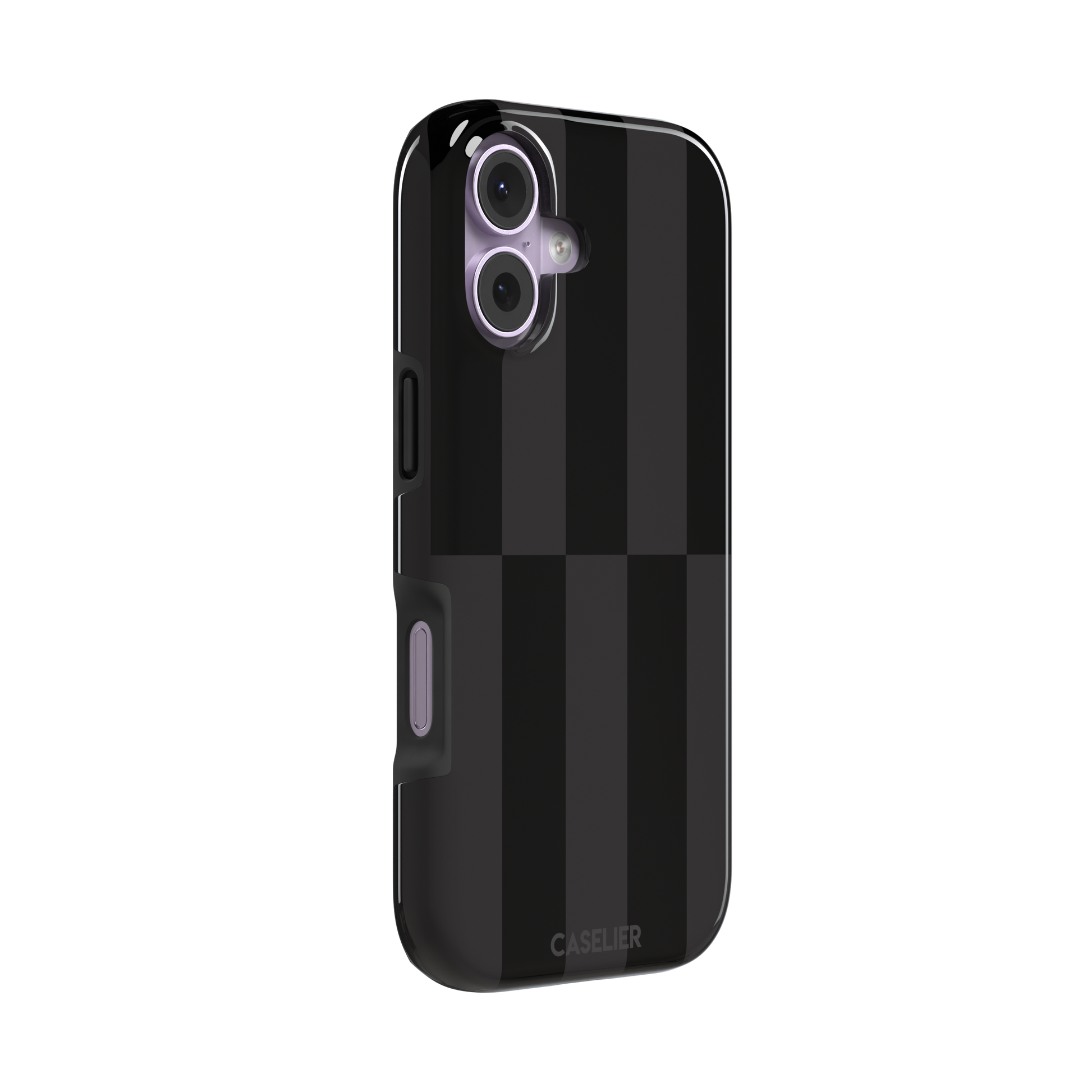 Shifted Stripe phone case in deep black and dark charcoal vertical offset checkerboard pattern, phone case by Caselier — tough case, left view