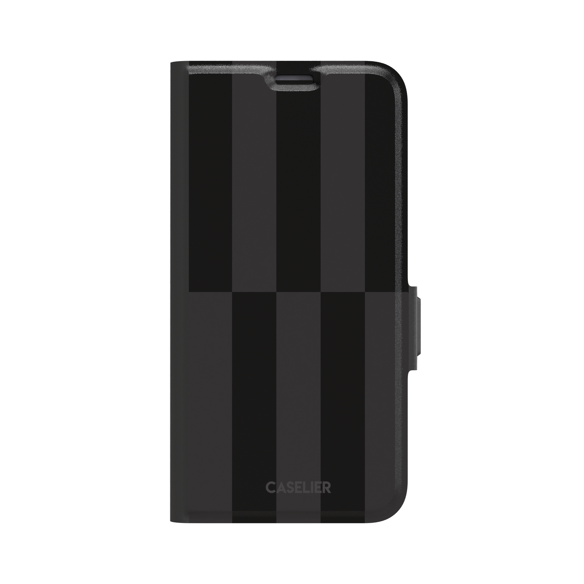 Shifted Stripe phone case in deep black and dark charcoal vertical offset checkerboard pattern, phone case by Caselier — wallet case, front view