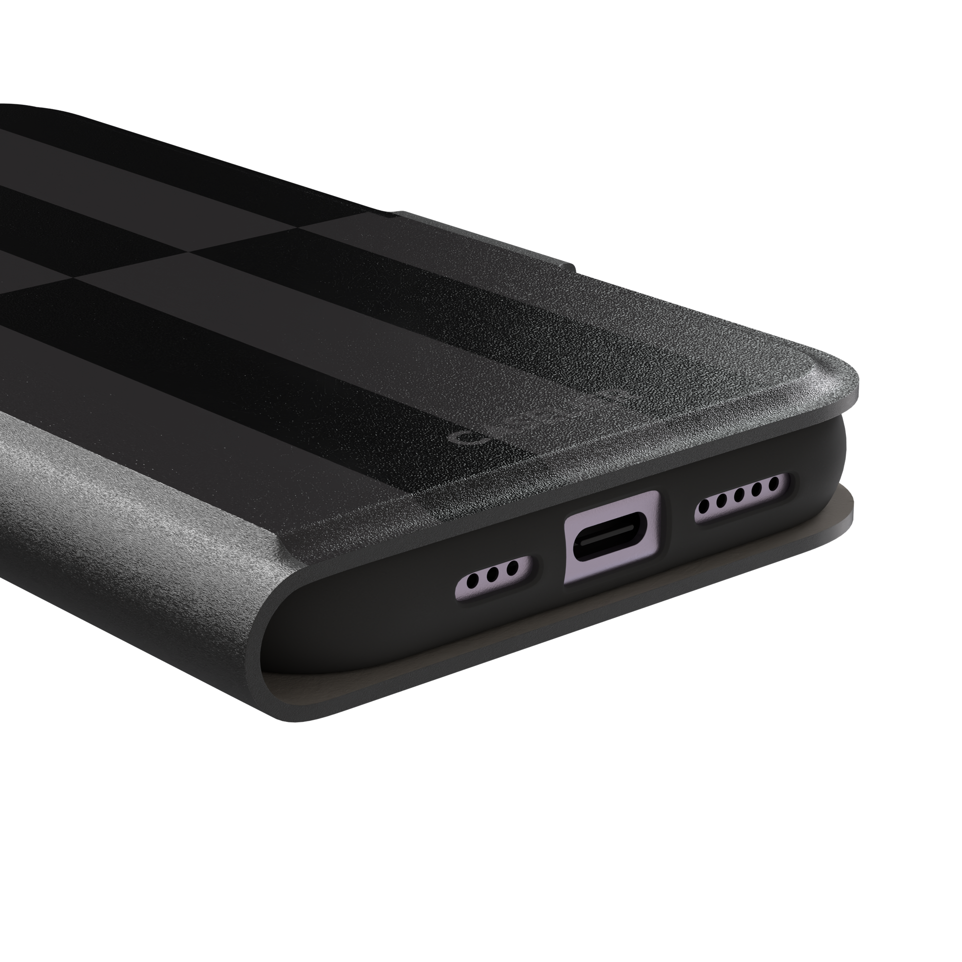 Shifted Stripe phone case in deep black and dark charcoal vertical offset checkerboard pattern, phone case by Caselier — wallet case, charging port detail