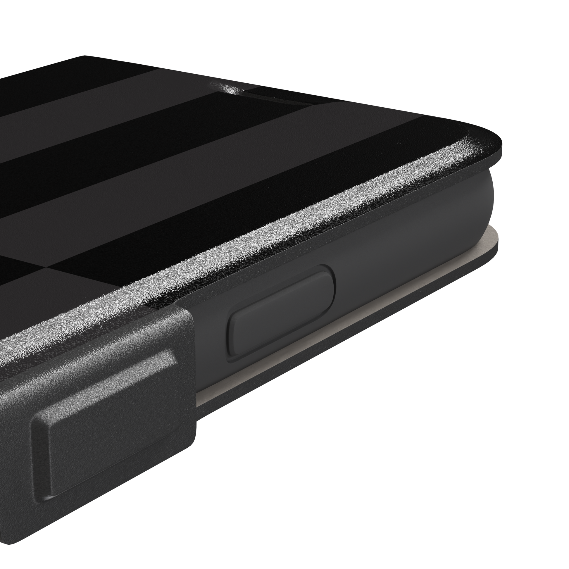 Shifted Stripe phone case in deep black and dark charcoal vertical offset checkerboard pattern, phone case by Caselier — wallet case, volume buttons detail