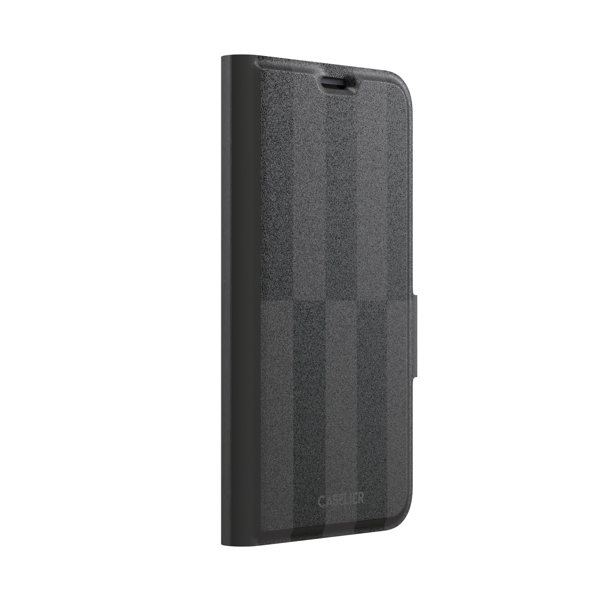 Shifted Stripe phone case in deep black and dark charcoal vertical offset checkerboard pattern, phone case by Caselier — wallet case, left view