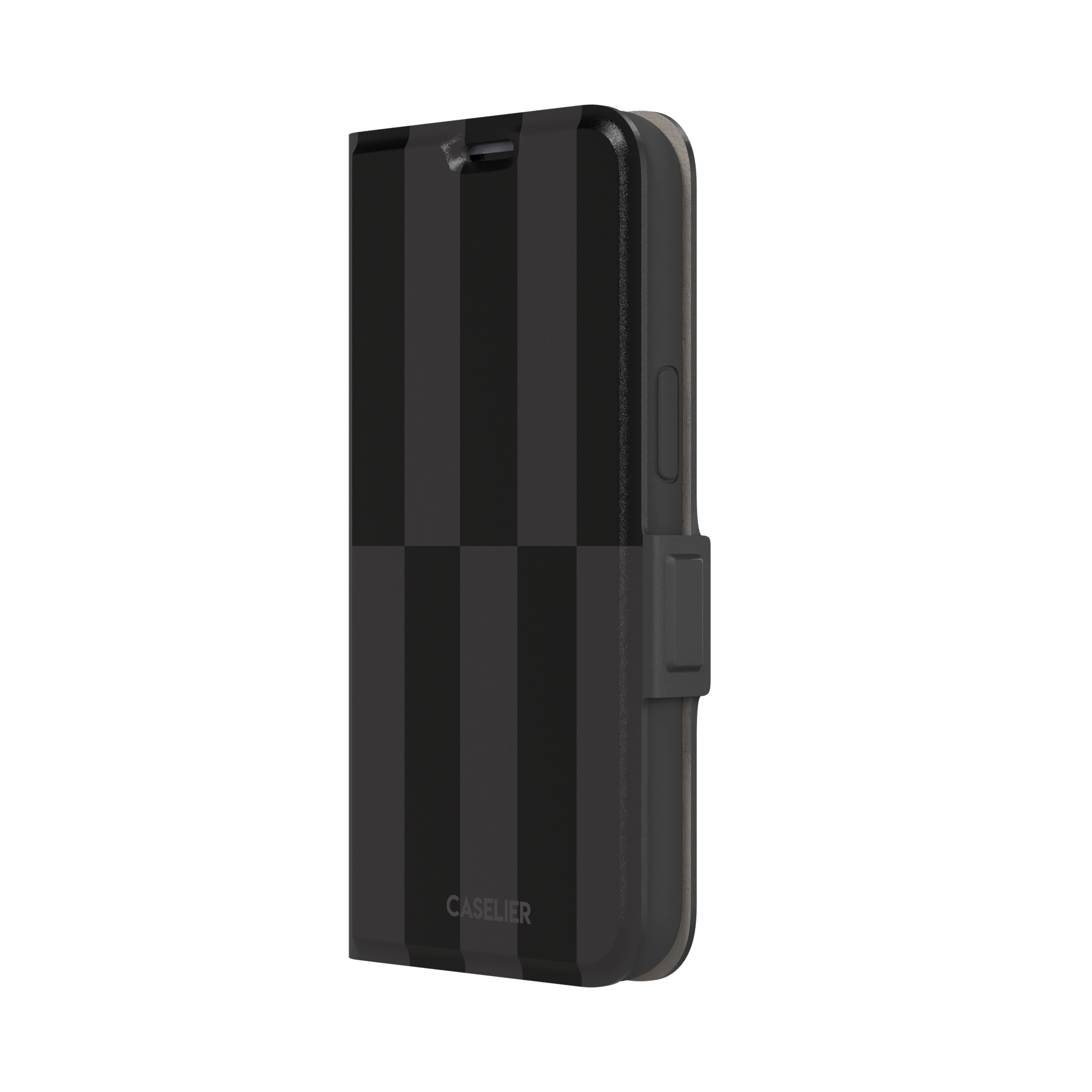 Shifted Stripe phone case in deep black and dark charcoal vertical offset checkerboard pattern, phone case by Caselier — wallet case, right view