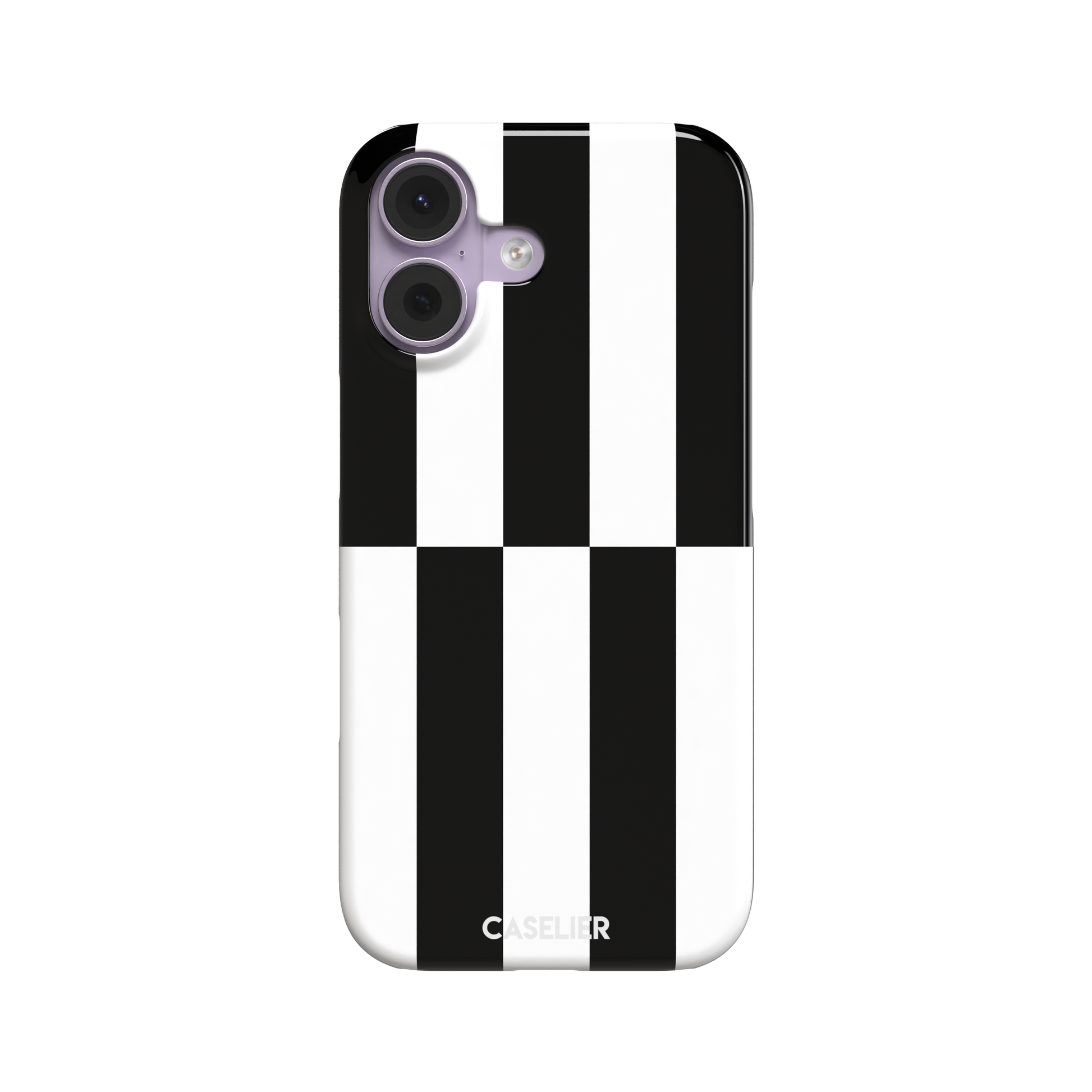Shifted Stripe phone case in high-contrast black and white vertical offset checkerboard pattern, phone case by Caselier — snap case, front view