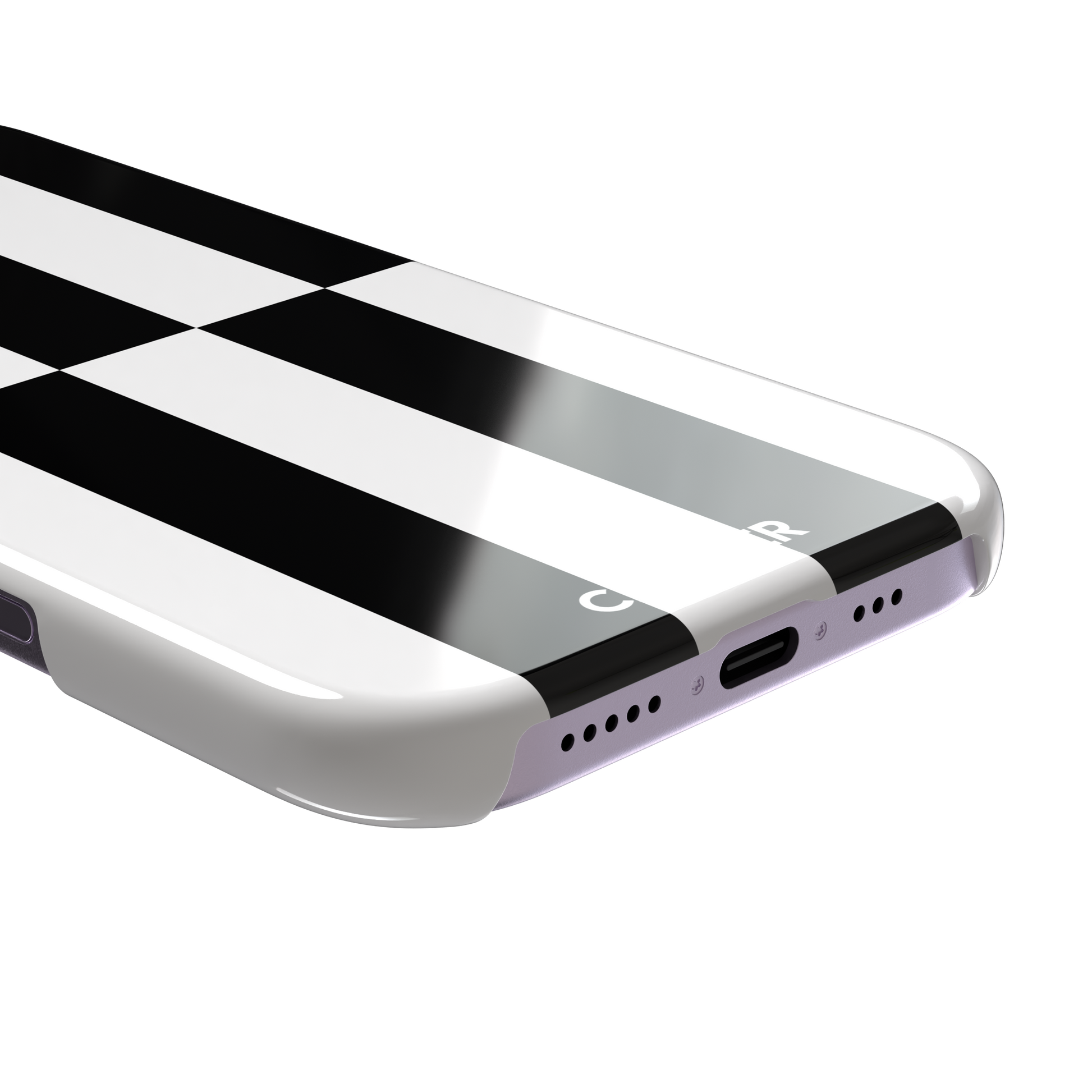 Shifted Stripe phone case in high-contrast black and white vertical offset checkerboard pattern, phone case by Caselier — snap case, charging port detail