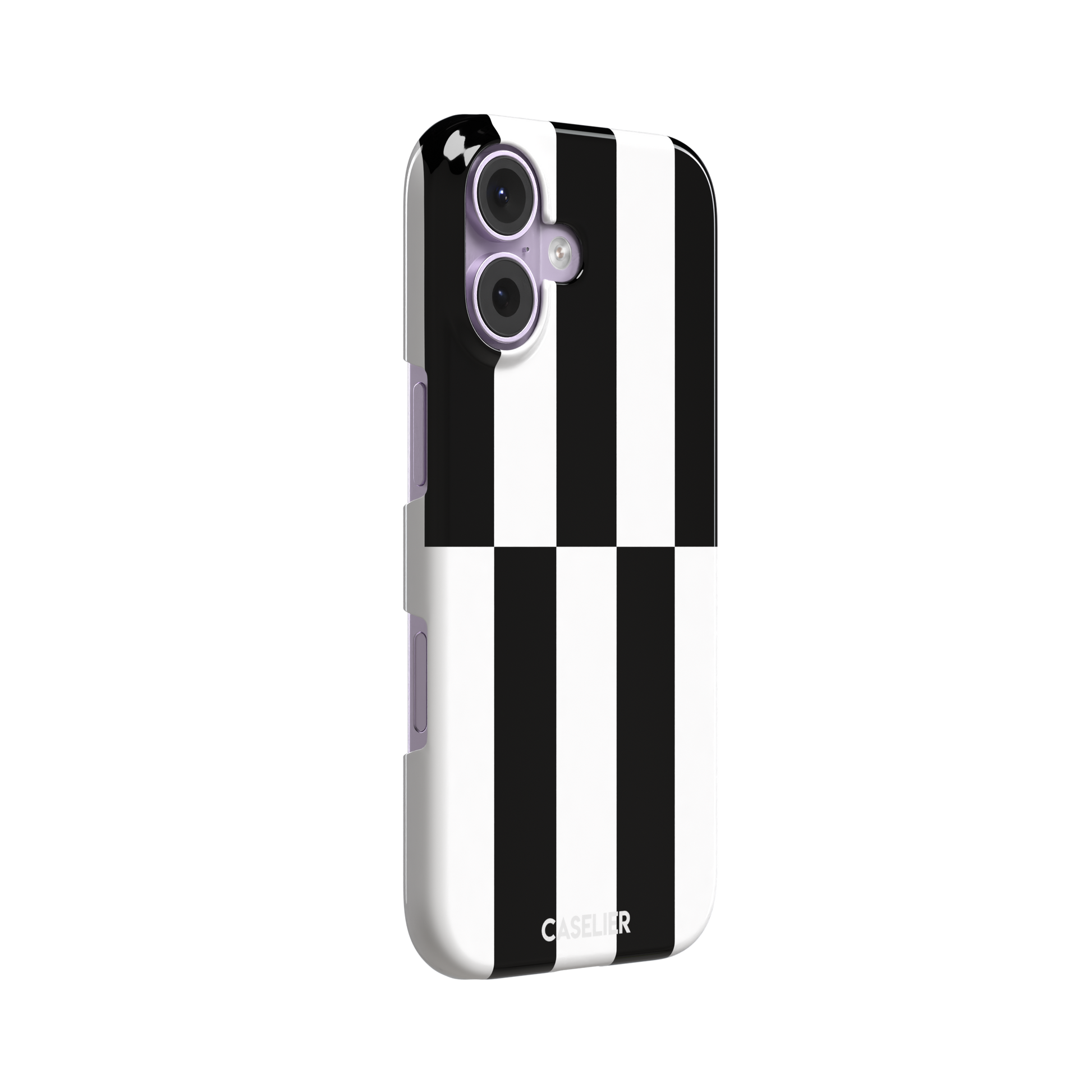 Shifted Stripe phone case in high-contrast black and white vertical offset checkerboard pattern, phone case by Caselier — snap case, left view
