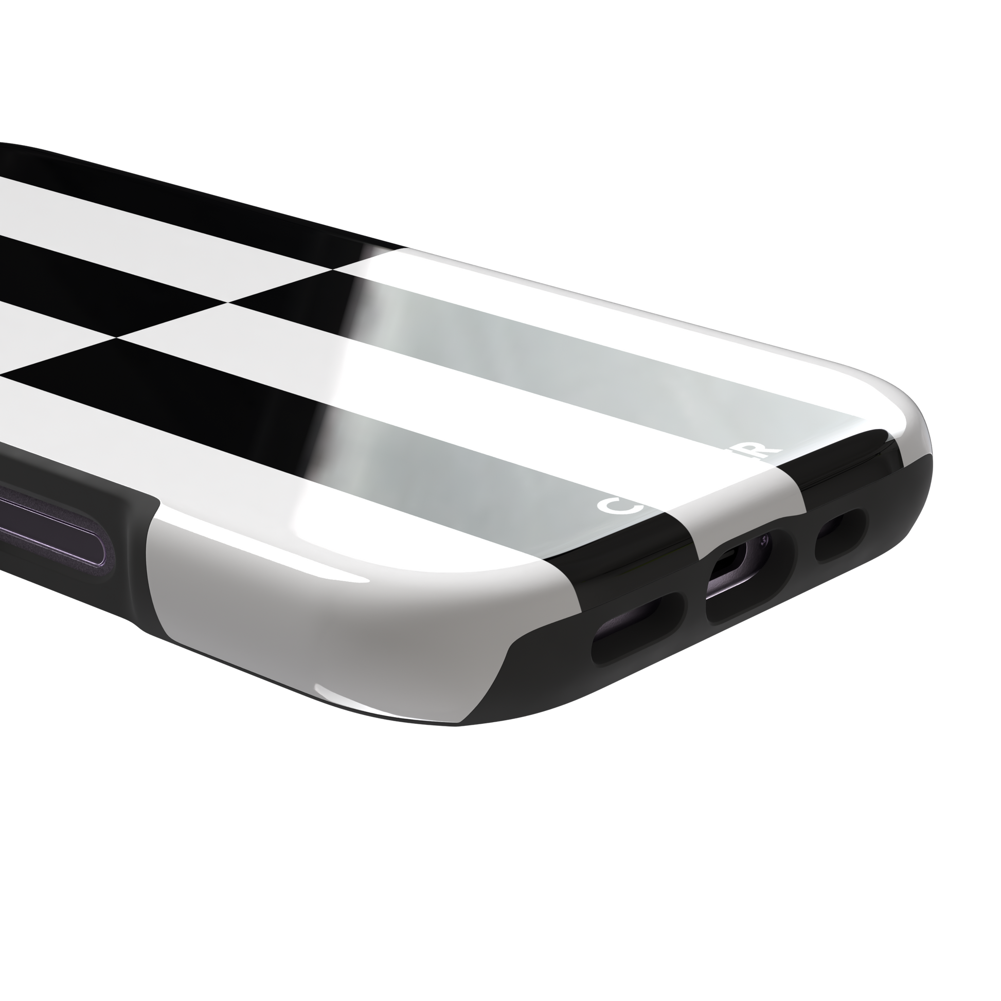 Shifted Stripe phone case in high-contrast black and white vertical offset checkerboard pattern, phone case by Caselier — tough case, charging port detail