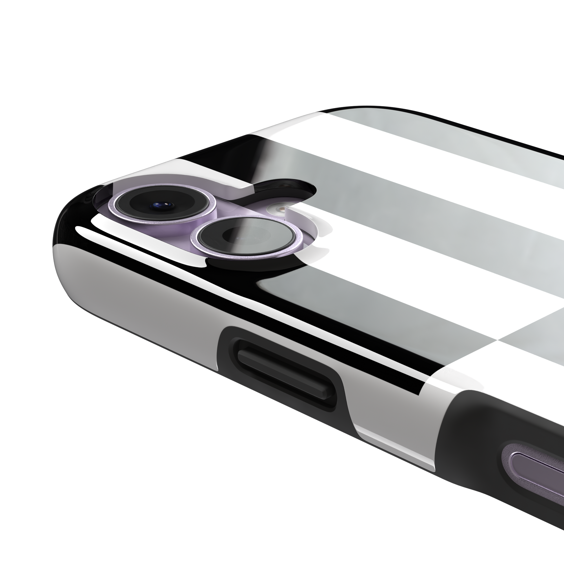 Shifted Stripe phone case in high-contrast black and white vertical offset checkerboard pattern, phone case by Caselier — tough case, volume buttons detail