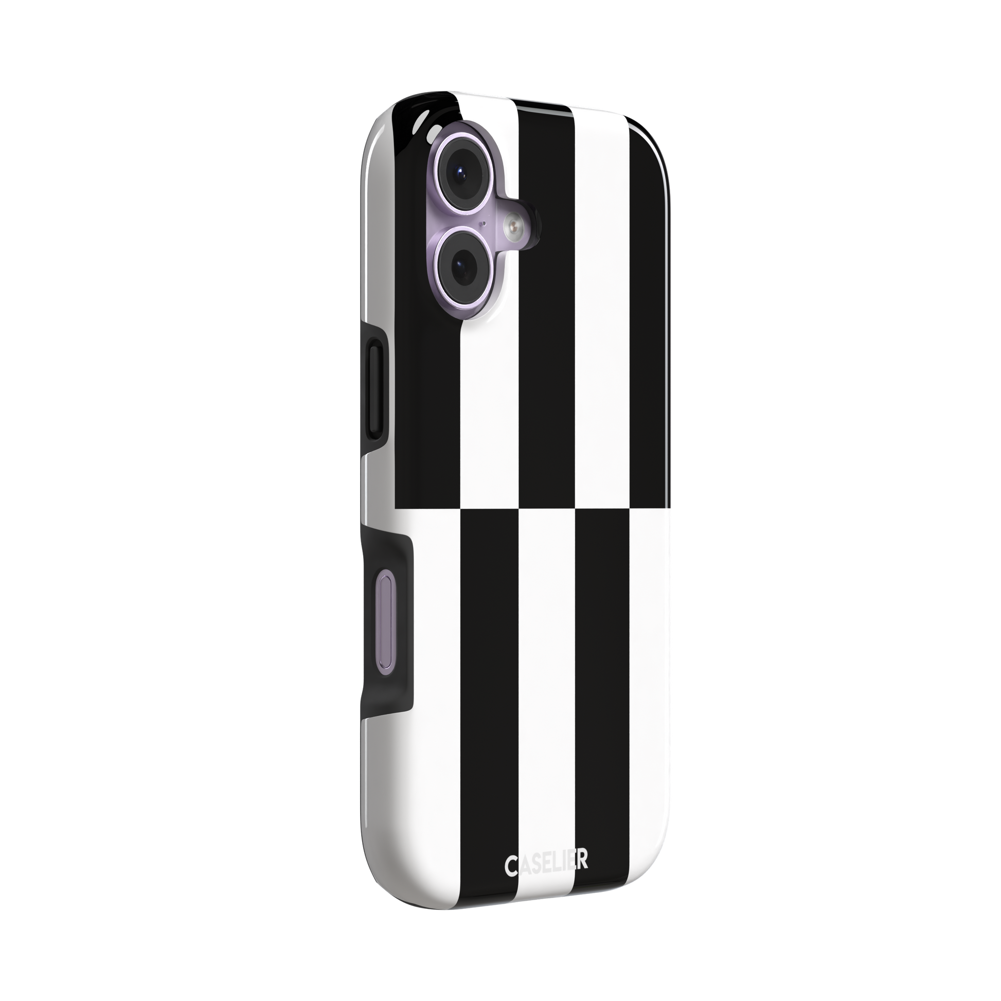 Shifted Stripe phone case in high-contrast black and white vertical offset checkerboard pattern, phone case by Caselier — tough case, left view