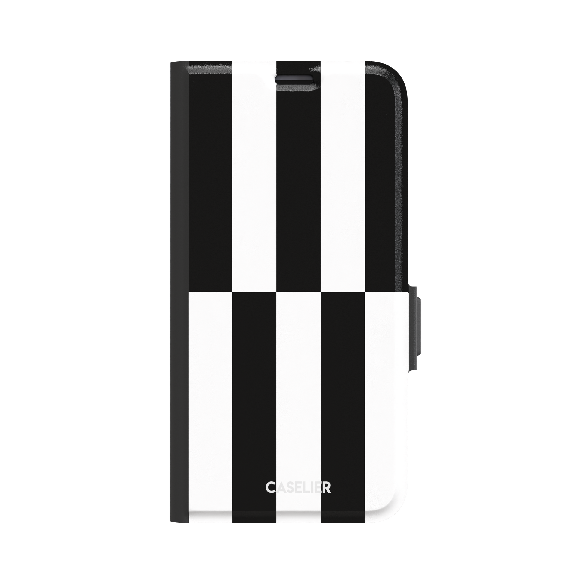 Shifted Stripe phone case in high-contrast black and white vertical offset checkerboard pattern, phone case by Caselier — wallet case, front view