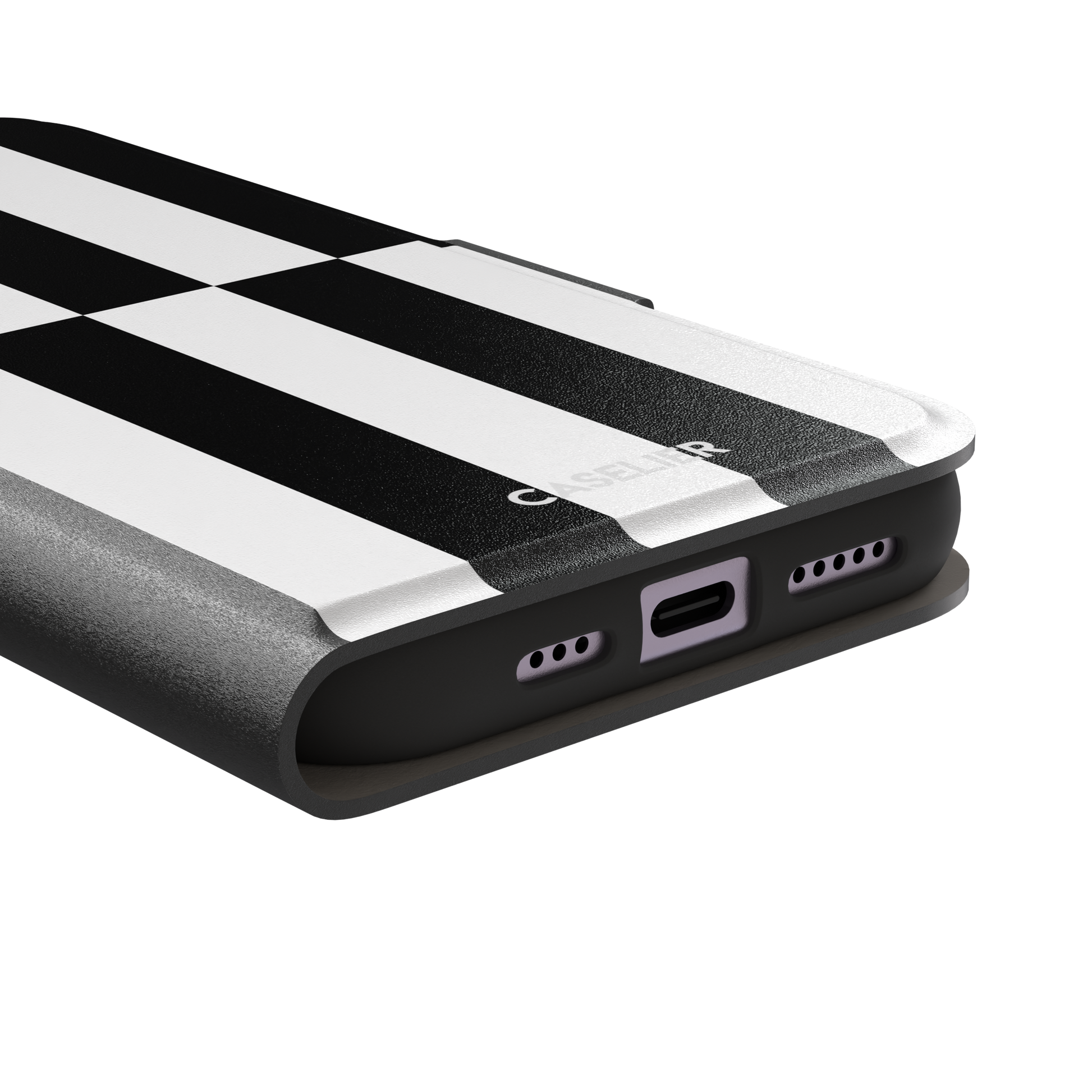 Shifted Stripe phone case in high-contrast black and white vertical offset checkerboard pattern, phone case by Caselier — wallet case, charging port detail