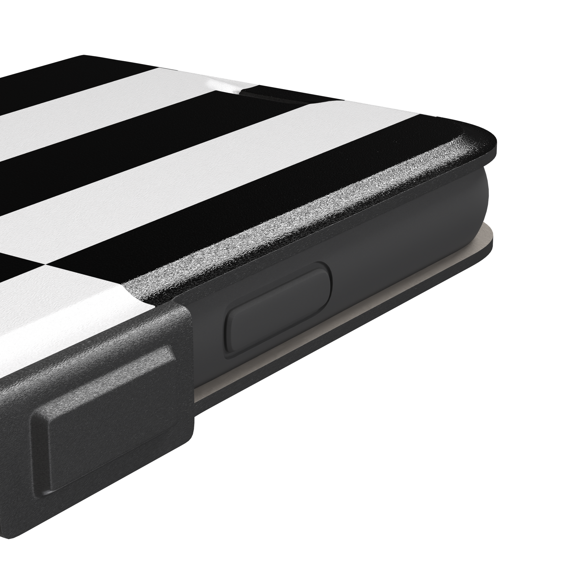 Shifted Stripe phone case in high-contrast black and white vertical offset checkerboard pattern, phone case by Caselier — wallet case, volume buttons detail