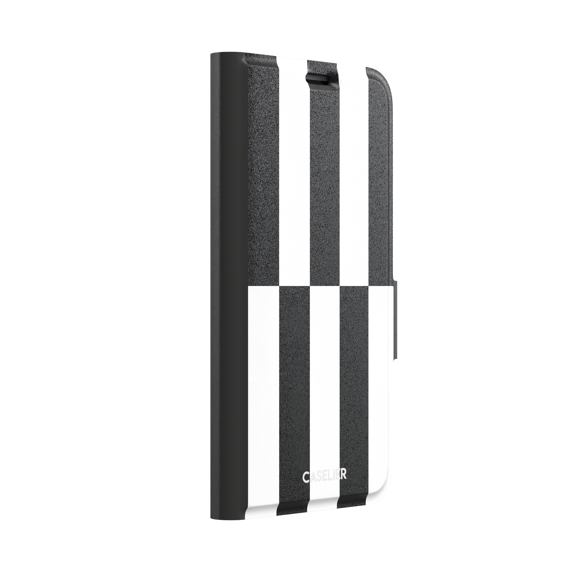 Shifted Stripe phone case in high-contrast black and white vertical offset checkerboard pattern, phone case by Caselier — wallet case, left view