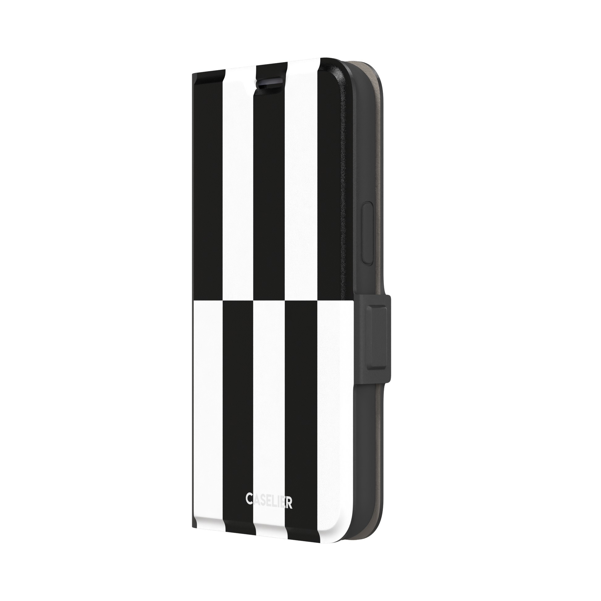 Shifted Stripe phone case in high-contrast black and white vertical offset checkerboard pattern, phone case by Caselier — wallet case, right view