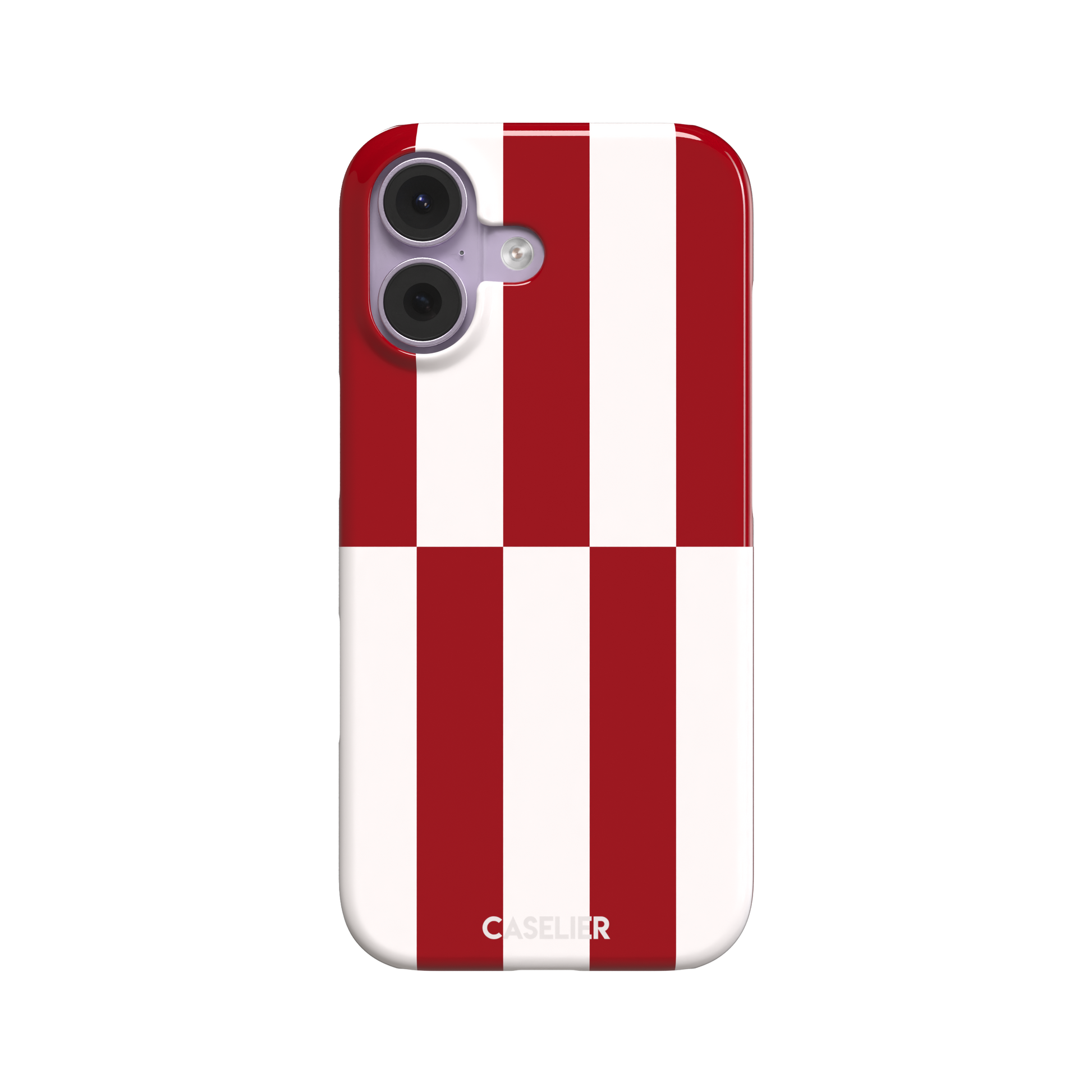 Shifted Stripe phone case in bold crimson red and white vertical offset checkerboard pattern, phone case by Caselier — snap case, front view