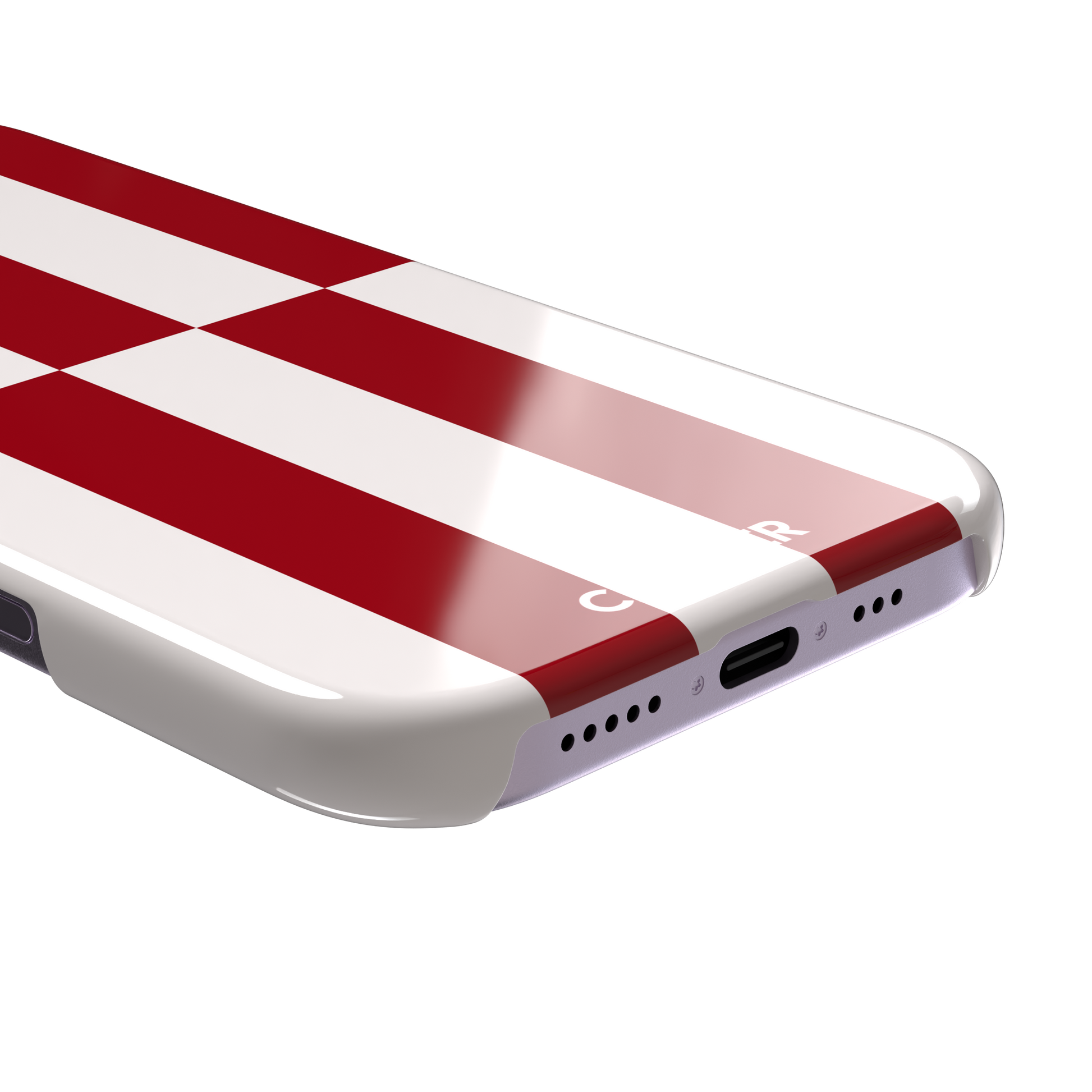Shifted Stripe phone case in bold crimson red and white vertical offset checkerboard pattern, phone case by Caselier — snap case, charging port detail
