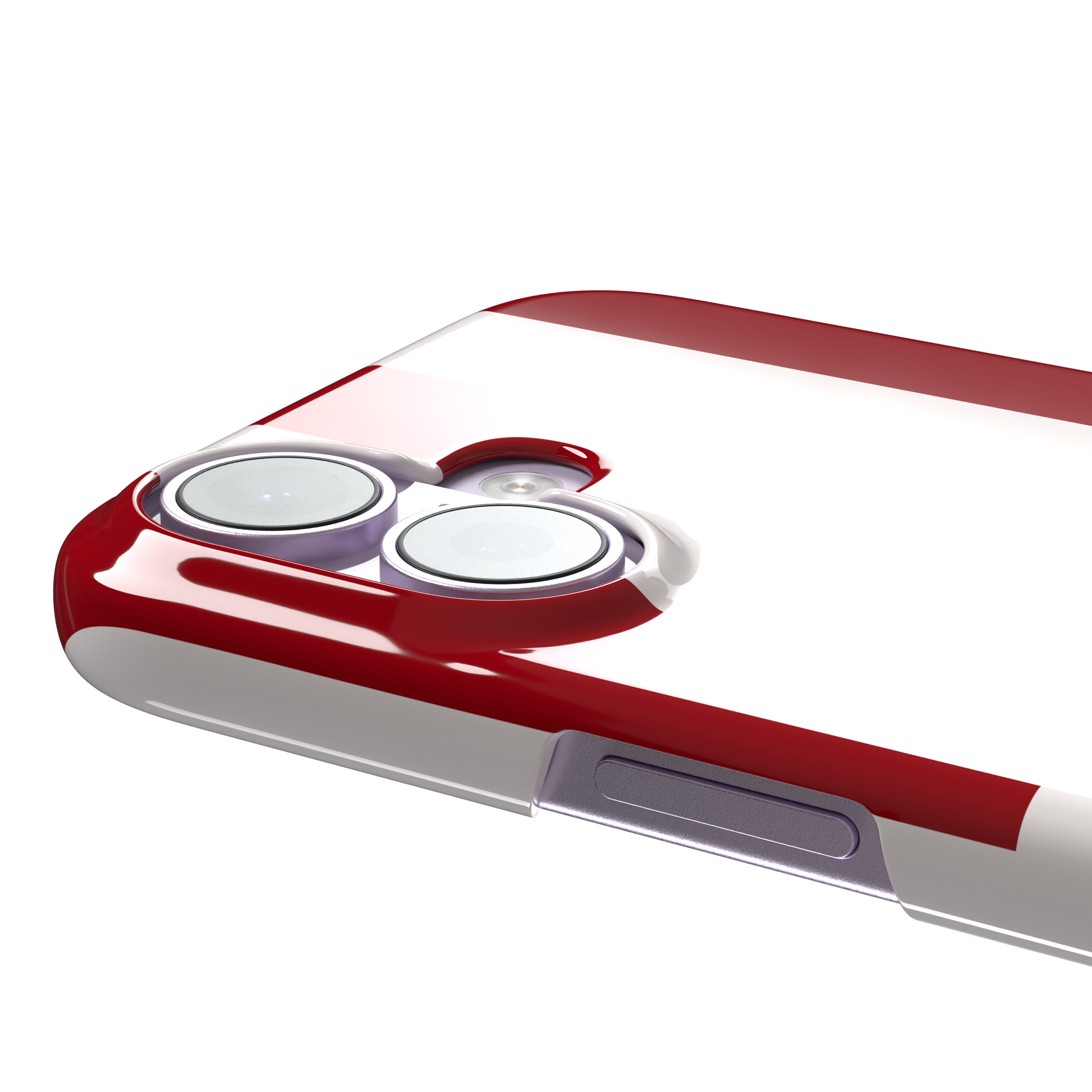 Shifted Stripe phone case in bold crimson red and white vertical offset checkerboard pattern, phone case by Caselier — snap case, volume buttons detail
