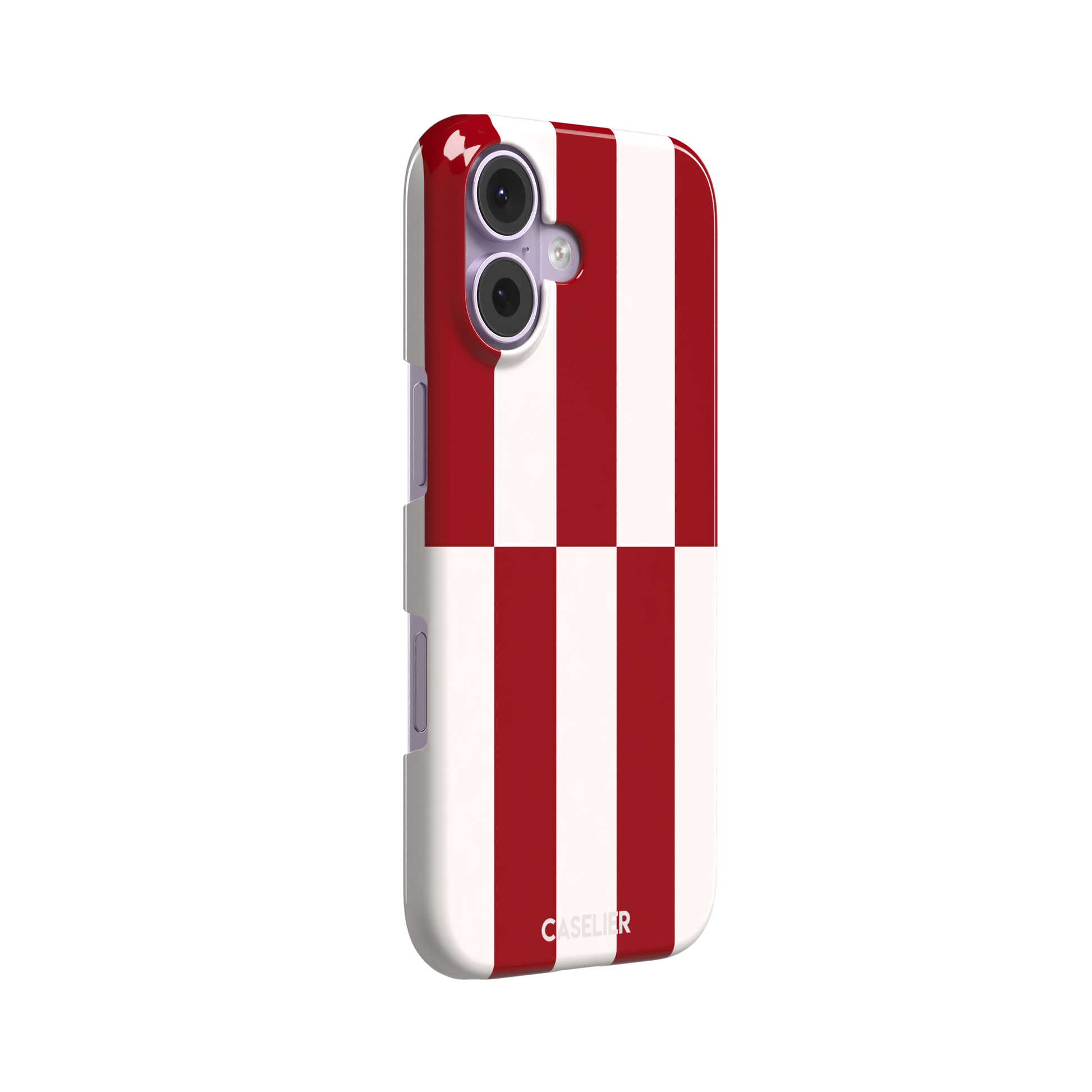 Shifted Stripe phone case in bold crimson red and white vertical offset checkerboard pattern, phone case by Caselier — snap case, left view