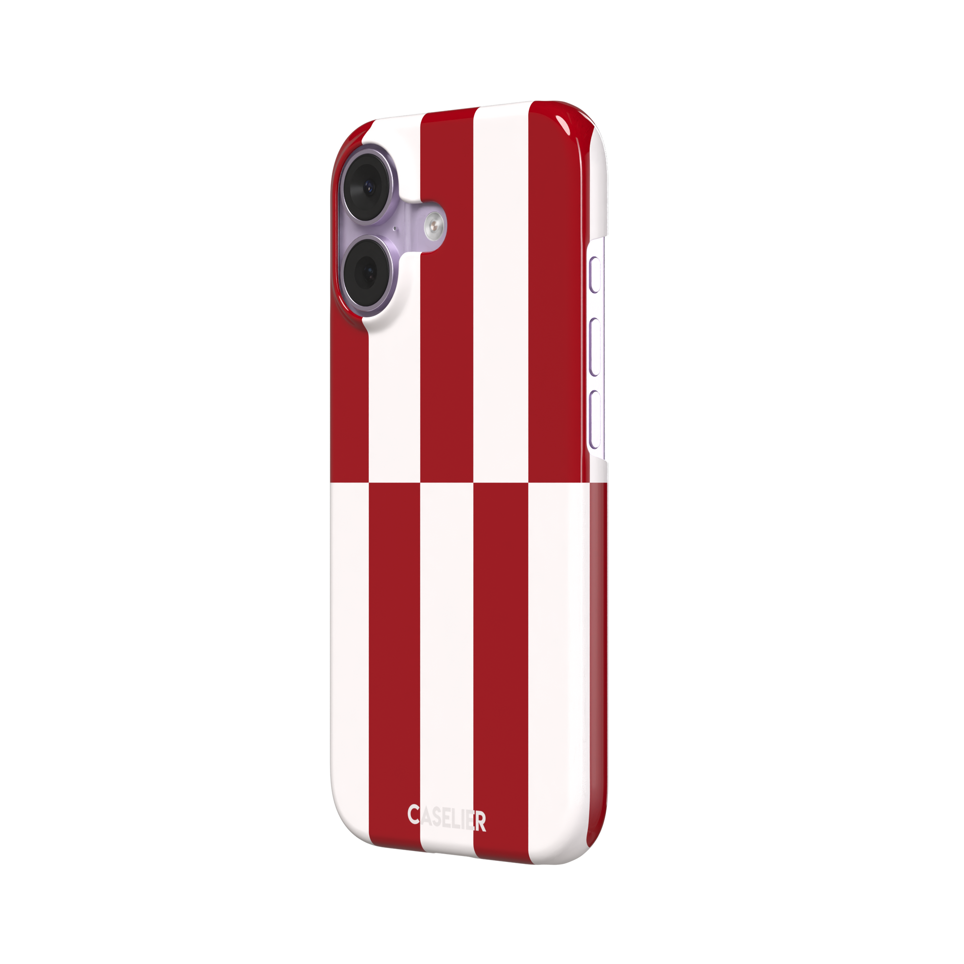 Shifted Stripe phone case in bold crimson red and white vertical offset checkerboard pattern, phone case by Caselier — snap case, right view