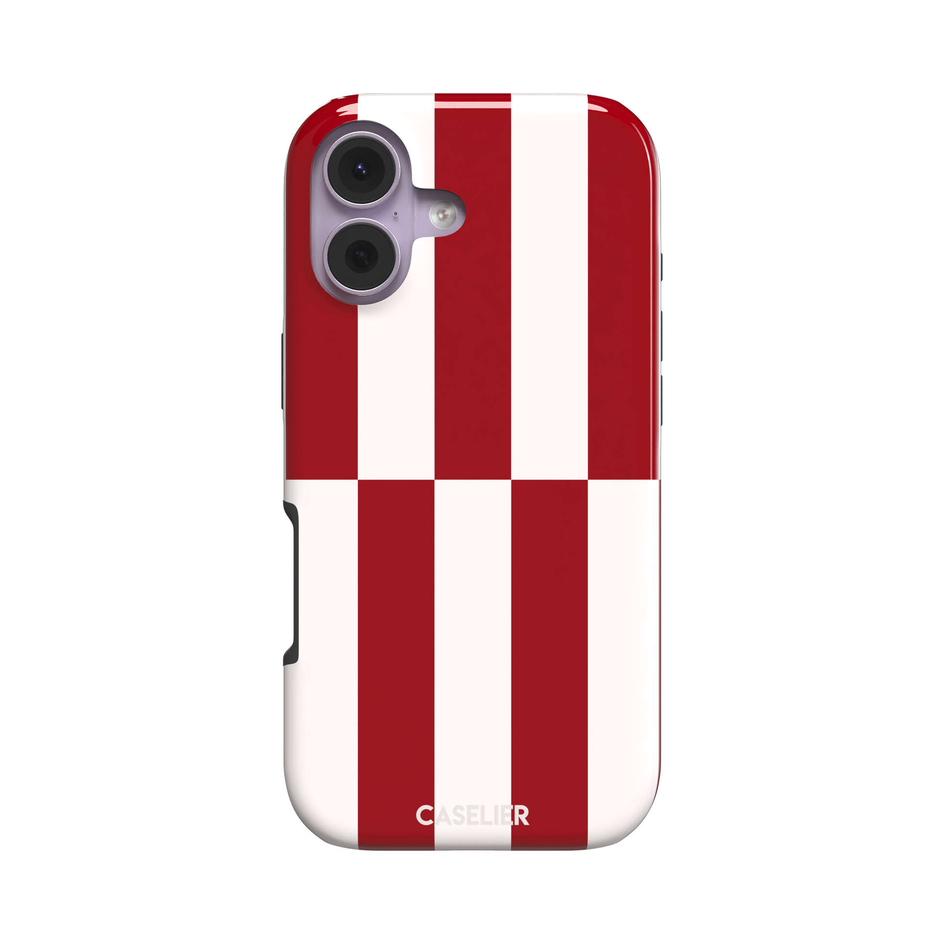 Shifted Stripe phone case in bold crimson red and white vertical offset checkerboard pattern, phone case by Caselier — tough case, front view
