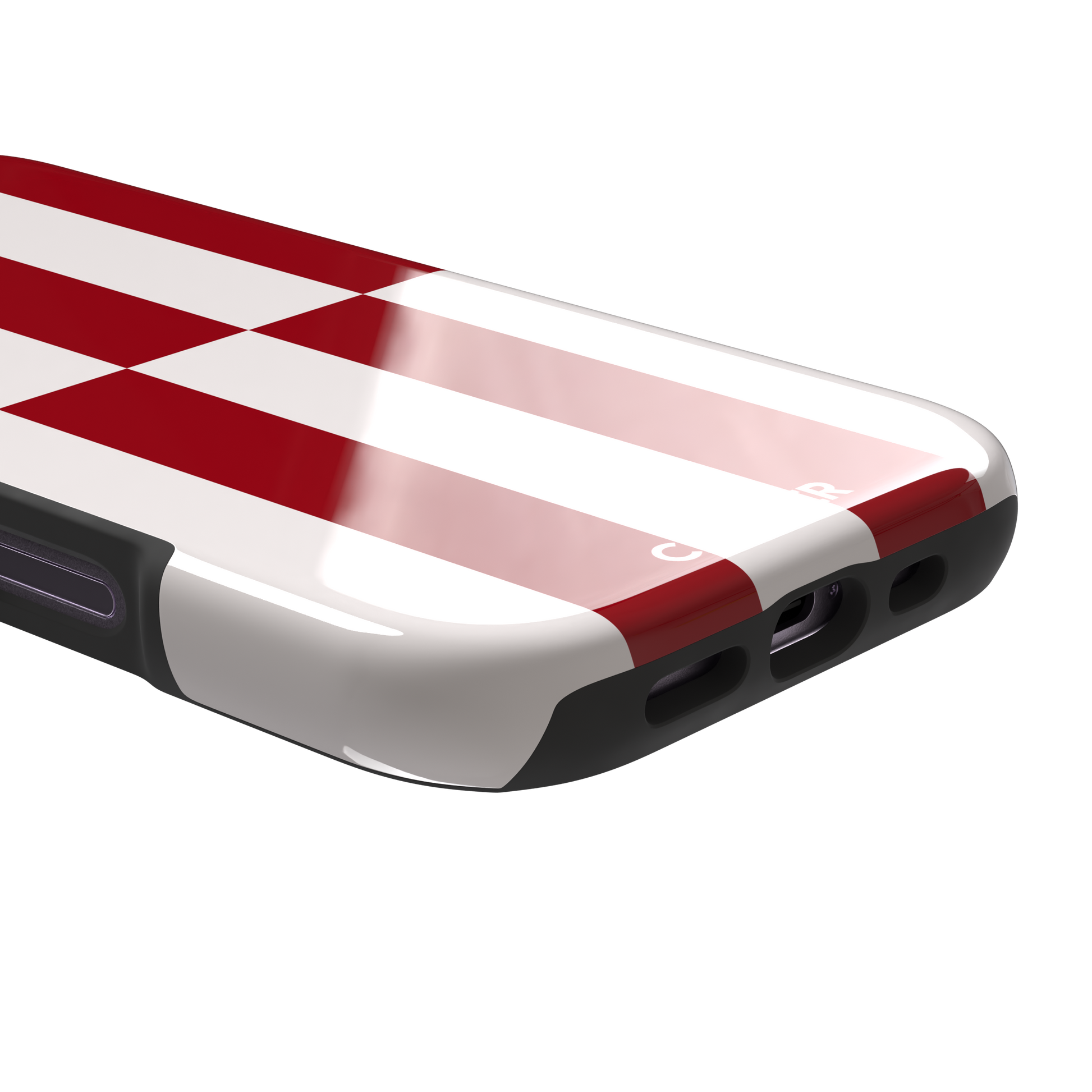 Shifted Stripe phone case in bold crimson red and white vertical offset checkerboard pattern, phone case by Caselier — tough case, charging port detail