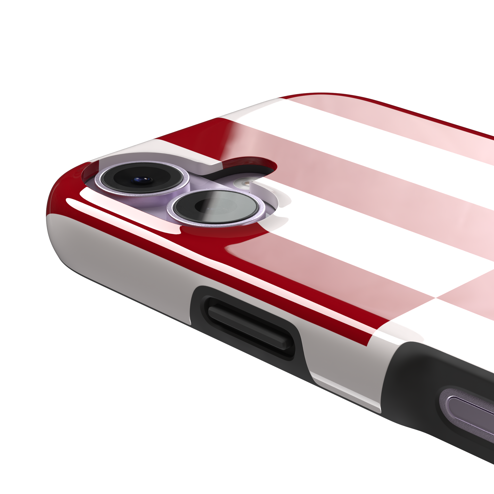 Shifted Stripe phone case in bold crimson red and white vertical offset checkerboard pattern, phone case by Caselier — tough case, volume buttons detail
