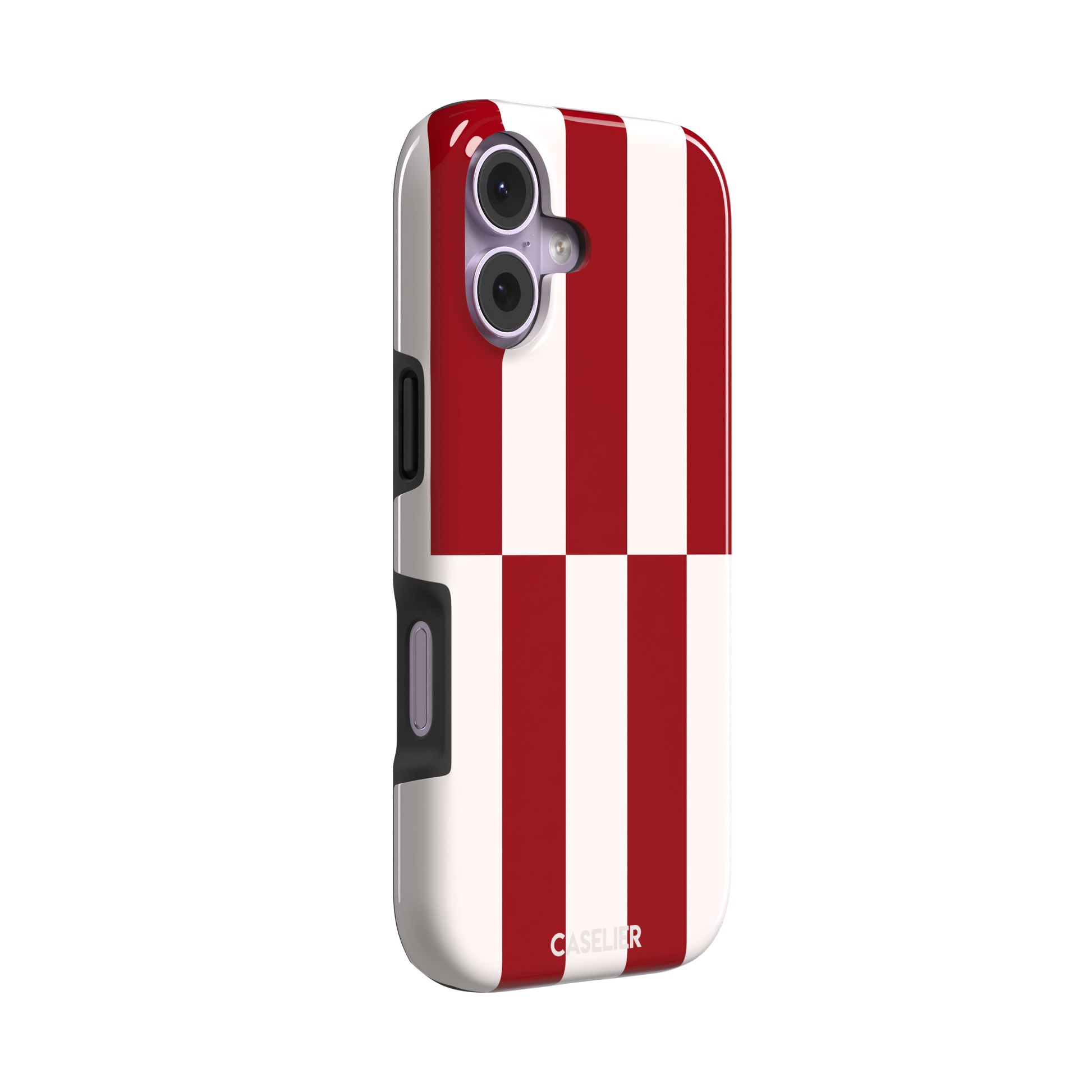 Shifted Stripe phone case in bold crimson red and white vertical offset checkerboard pattern, phone case by Caselier — tough case, left view