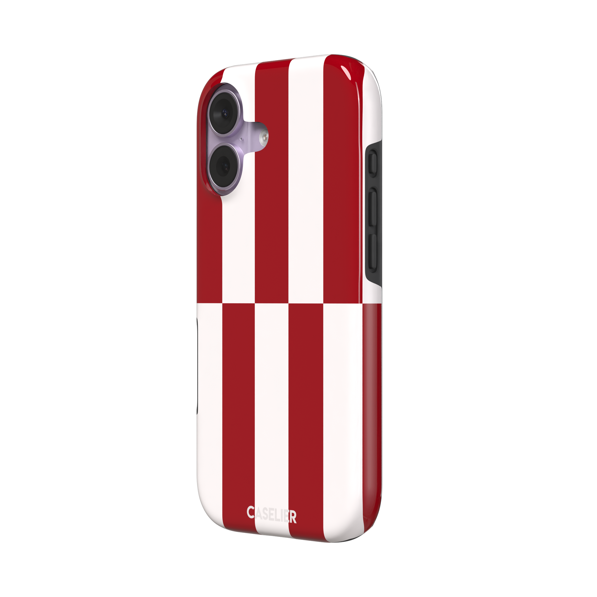 Shifted Stripe phone case in bold crimson red and white vertical offset checkerboard pattern, phone case by Caselier — tough case, right view