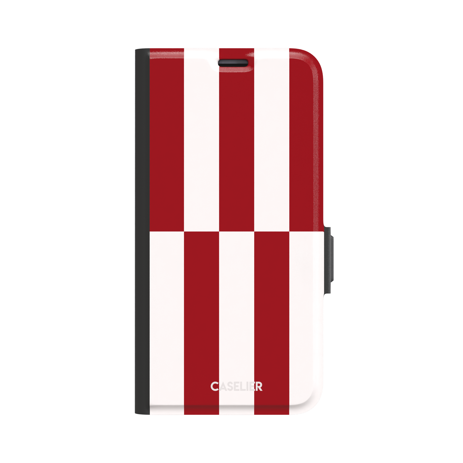 Shifted Stripe phone case in bold crimson red and white vertical offset checkerboard pattern, phone case by Caselier — wallet case, front view