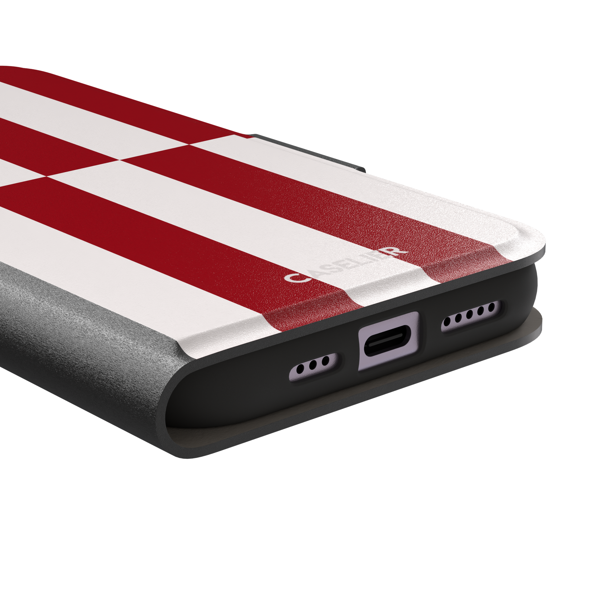 Shifted Stripe phone case in bold crimson red and white vertical offset checkerboard pattern, phone case by Caselier — wallet case, charging port detail