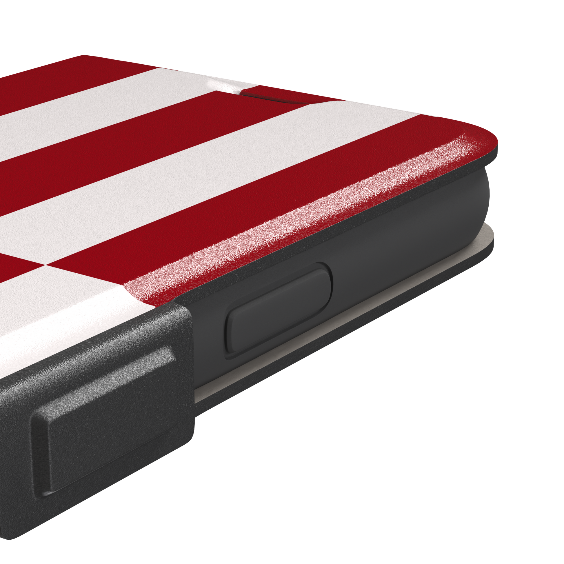 Shifted Stripe phone case in bold crimson red and white vertical offset checkerboard pattern, phone case by Caselier — wallet case, volume buttons detail