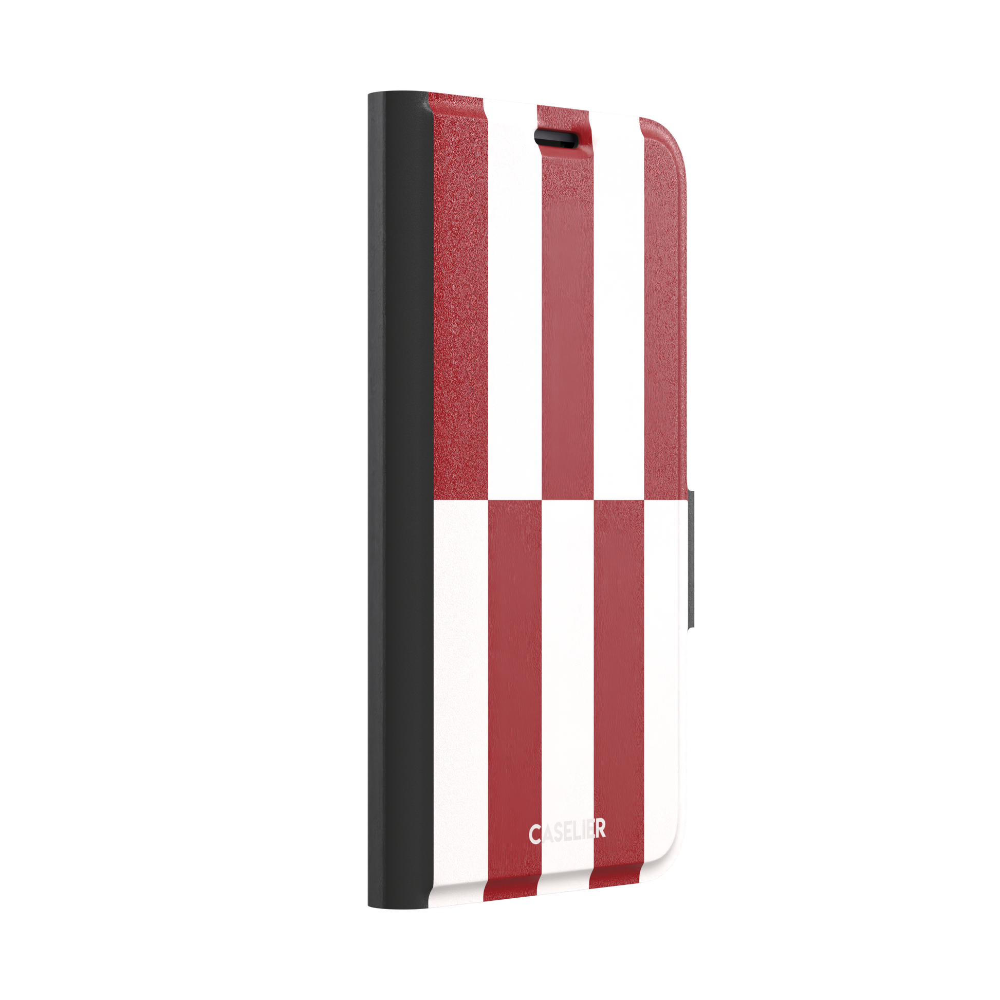 Shifted Stripe phone case in bold crimson red and white vertical offset checkerboard pattern, phone case by Caselier — wallet case, left view