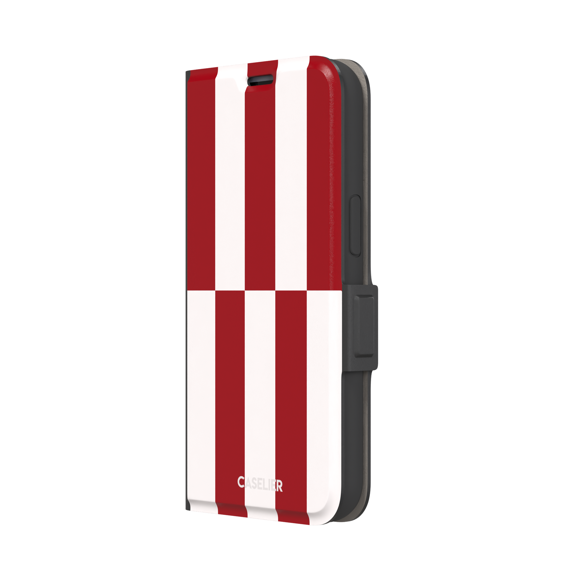 Shifted Stripe phone case in bold crimson red and white vertical offset checkerboard pattern, phone case by Caselier — wallet case, right view