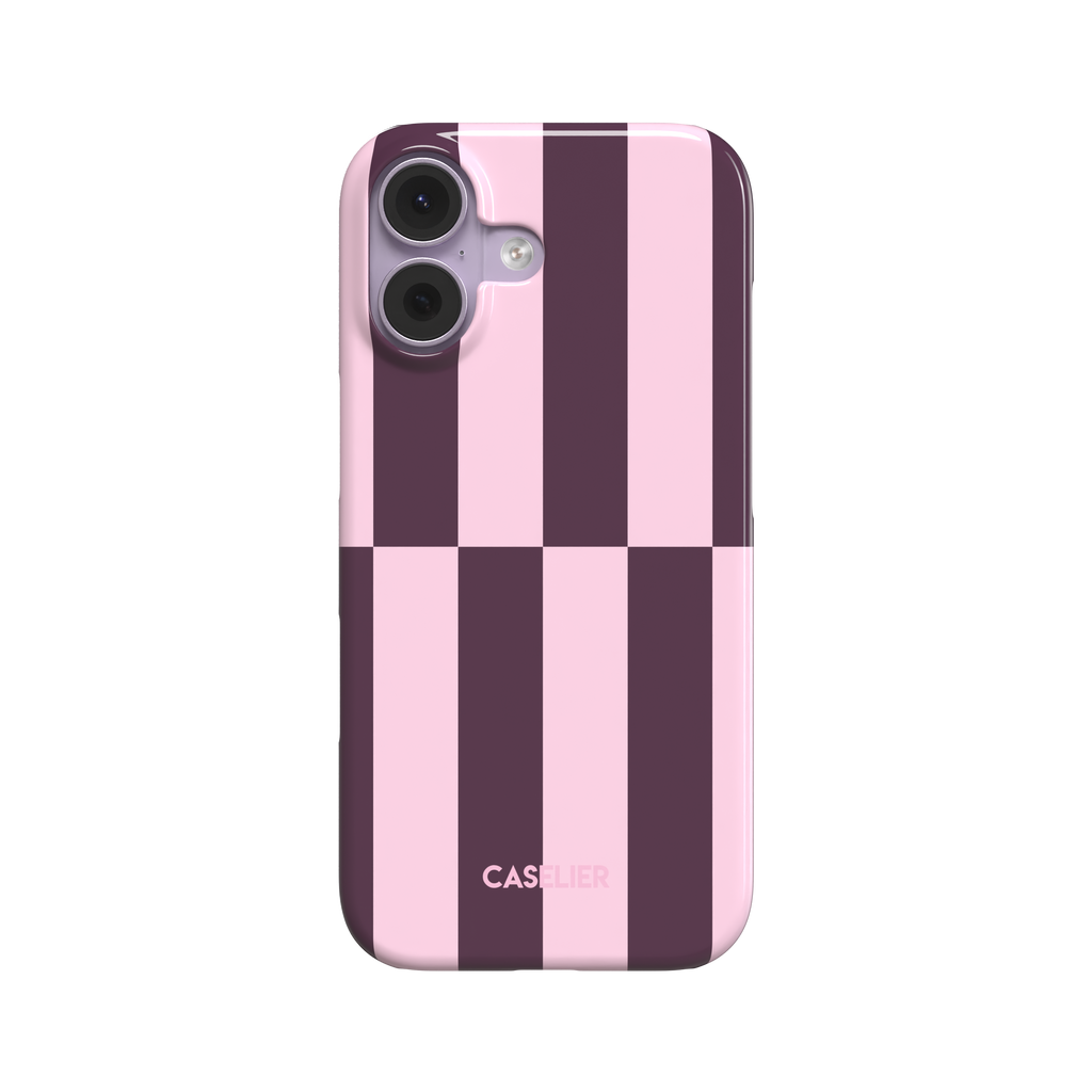 Shifted Stripes phone case in cherry colourway featuring offset vertical stripes in deep plum and soft blush pink with a mid-case lateral shift, phone case by Caselier - snap case, front view | Caselier