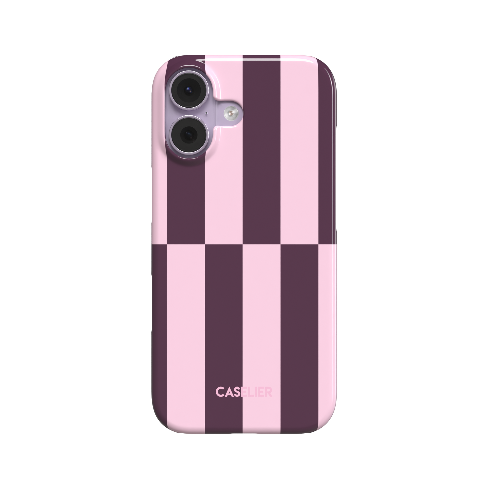 Shifted Stripes phone case in cherry colourway featuring offset vertical stripes in deep plum and soft blush pink with a mid-case lateral shift, phone case by Caselier - snap case, front view | Caselier