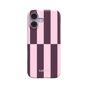 Shifted Stripes phone case in cherry colourway featuring offset vertical stripes in deep plum and soft blush pink with a mid-case lateral shift, phone case by Caselier - snap case, front view | Caselier