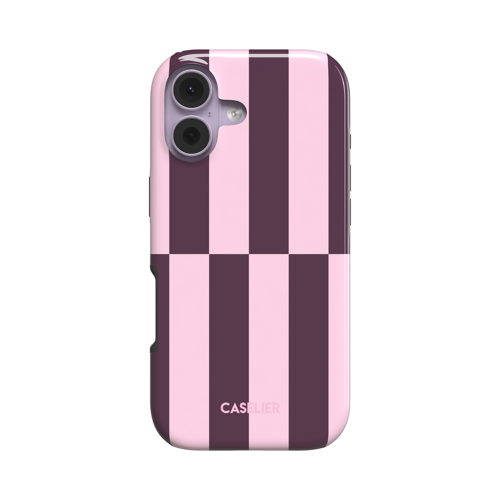Shifted Stripes phone case in cherry colourway featuring offset vertical stripes in deep plum and soft blush pink with a mid-case lateral shift, phone case by Caselier - tough case, front view | Caselier