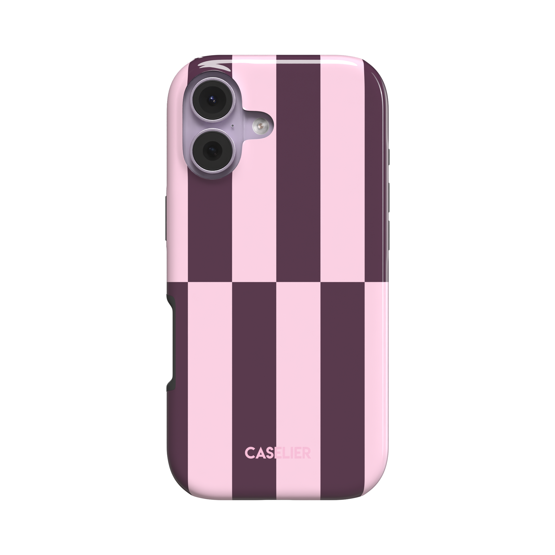 Shifted Stripes phone case in cherry colourway featuring offset vertical stripes in deep plum and soft blush pink with a mid-case lateral shift, phone case by Caselier - tough case, front view | Caselier
