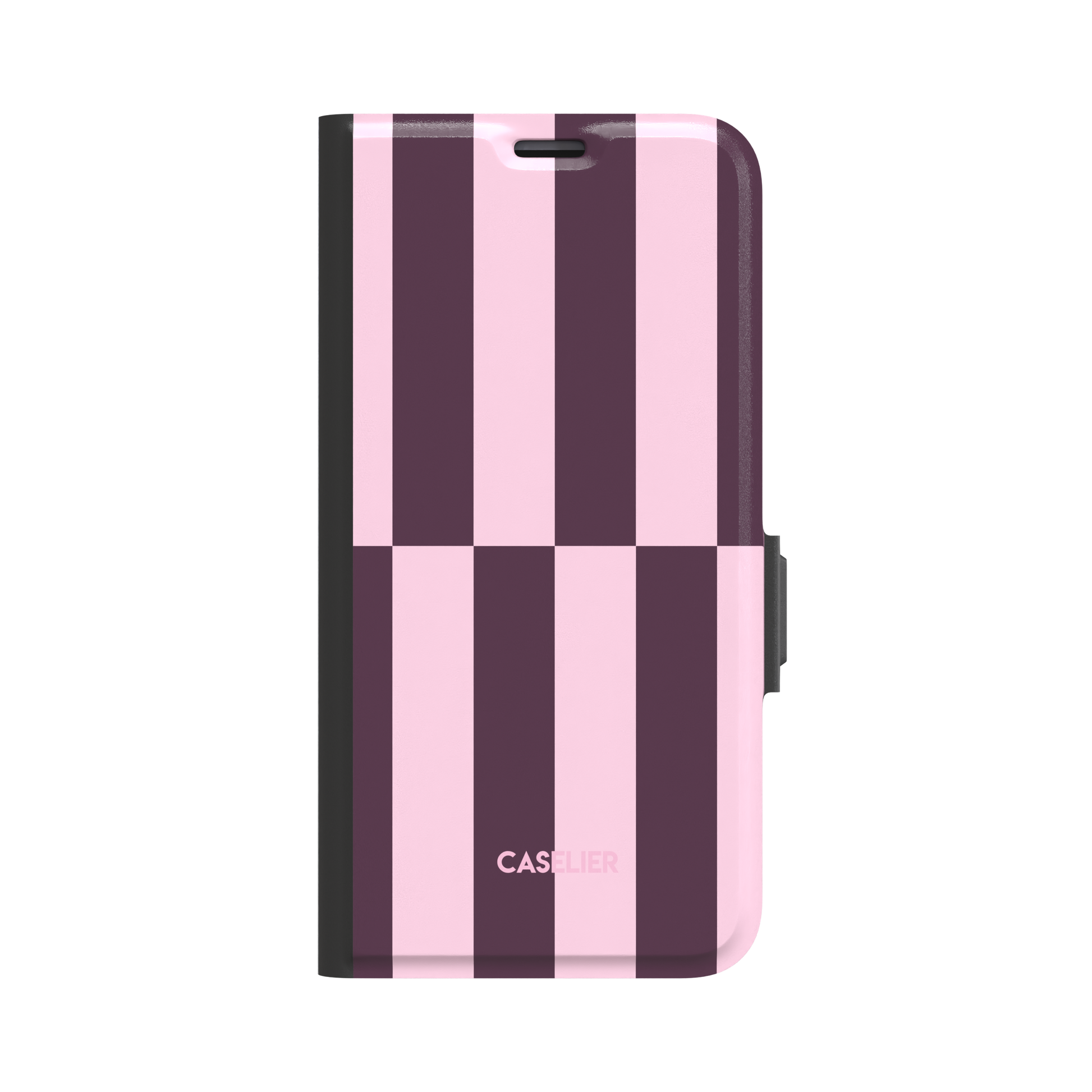 Shifted Stripes phone case in cherry colourway featuring offset vertical stripes in deep plum and soft blush pink with a mid-case lateral shift, phone case by Caselier - wallet case, front view | Caselier
