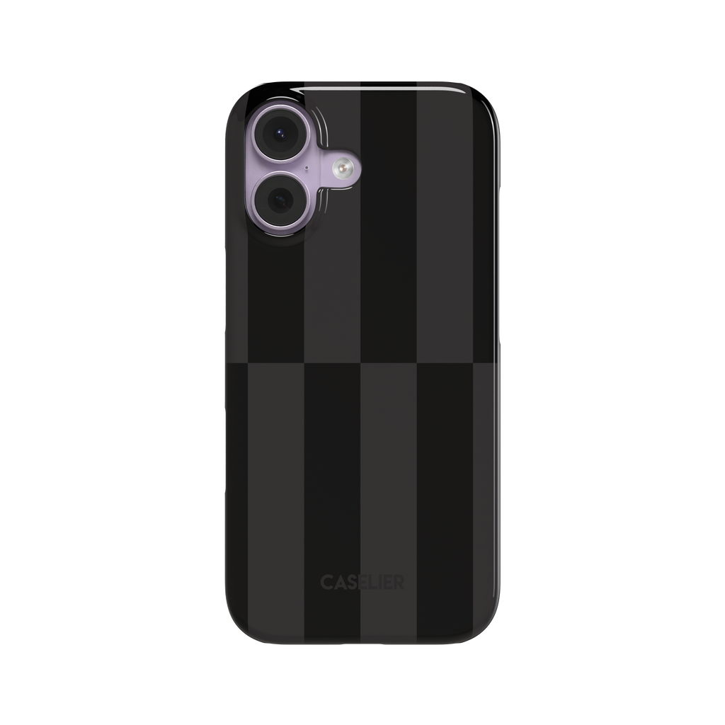 Shifted Stripes phone case in dark colourway featuring offset vertical stripes in jet black and dark charcoal with a mid-case lateral shift, phone case by Caselier - snap case, front view | Caselier