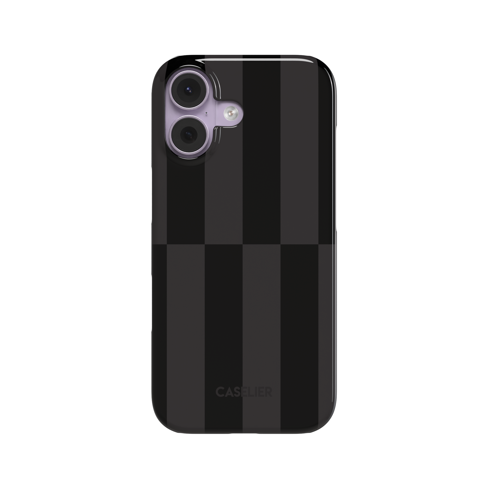Shifted Stripes phone case in dark colourway featuring offset vertical stripes in jet black and dark charcoal with a mid-case lateral shift, phone case by Caselier - snap case, front view | Caselier