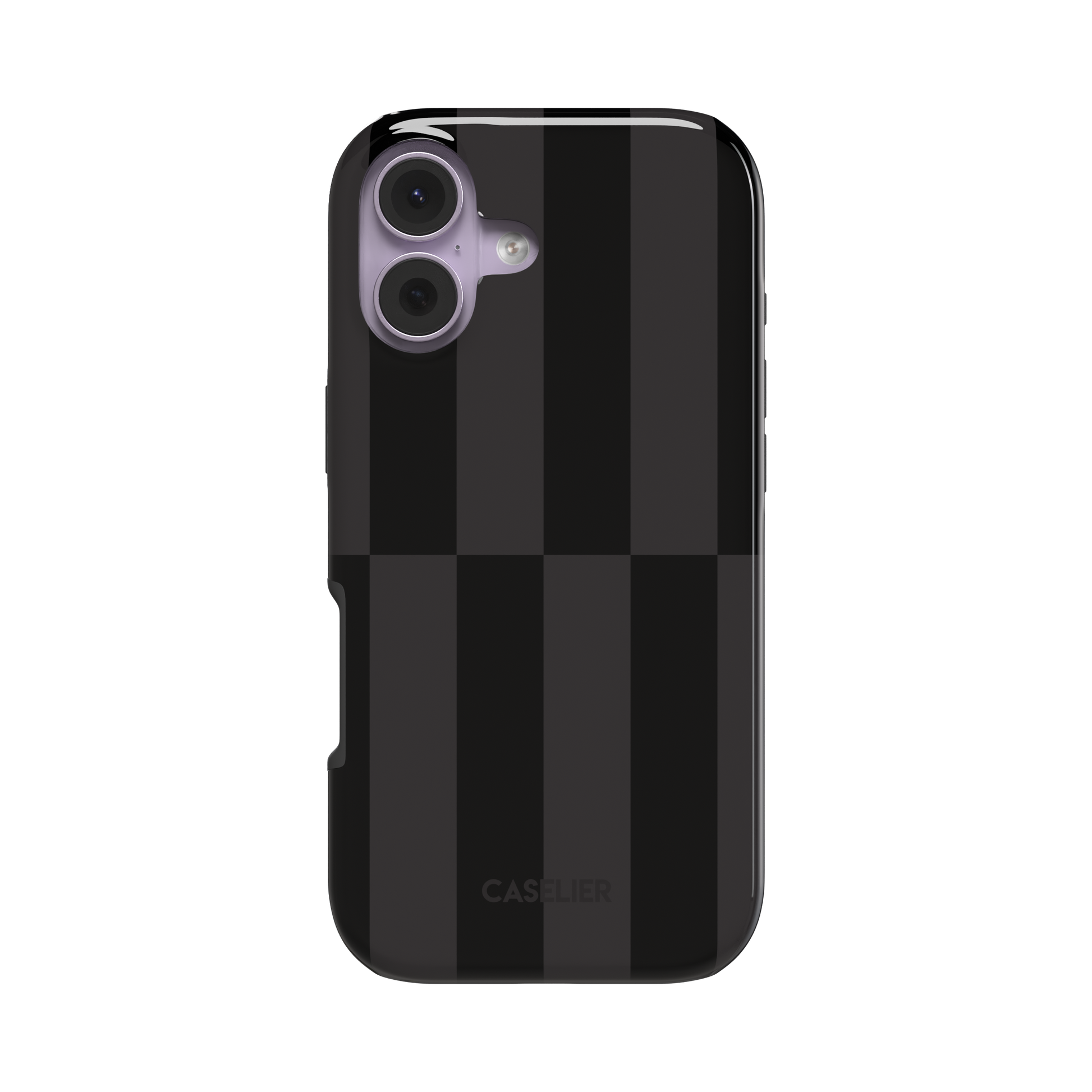 Shifted Stripes phone case in dark colourway featuring offset vertical stripes in jet black and dark charcoal with a mid-case lateral shift, phone case by Caselier - tough case, front view | Caselier
