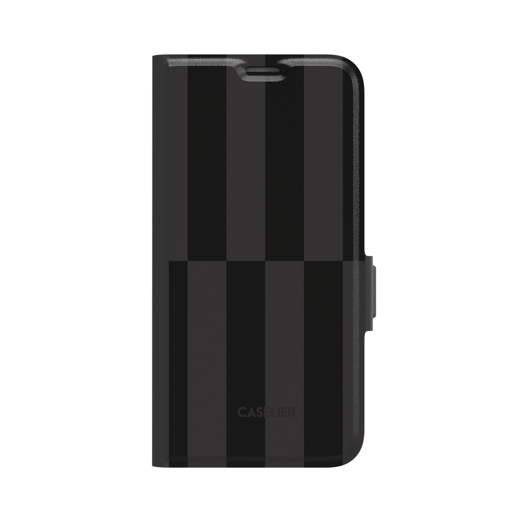 Shifted Stripes phone case in dark colourway featuring offset vertical stripes in jet black and dark charcoal with a mid-case lateral shift, phone case by Caselier - wallet case, front view | Caselier