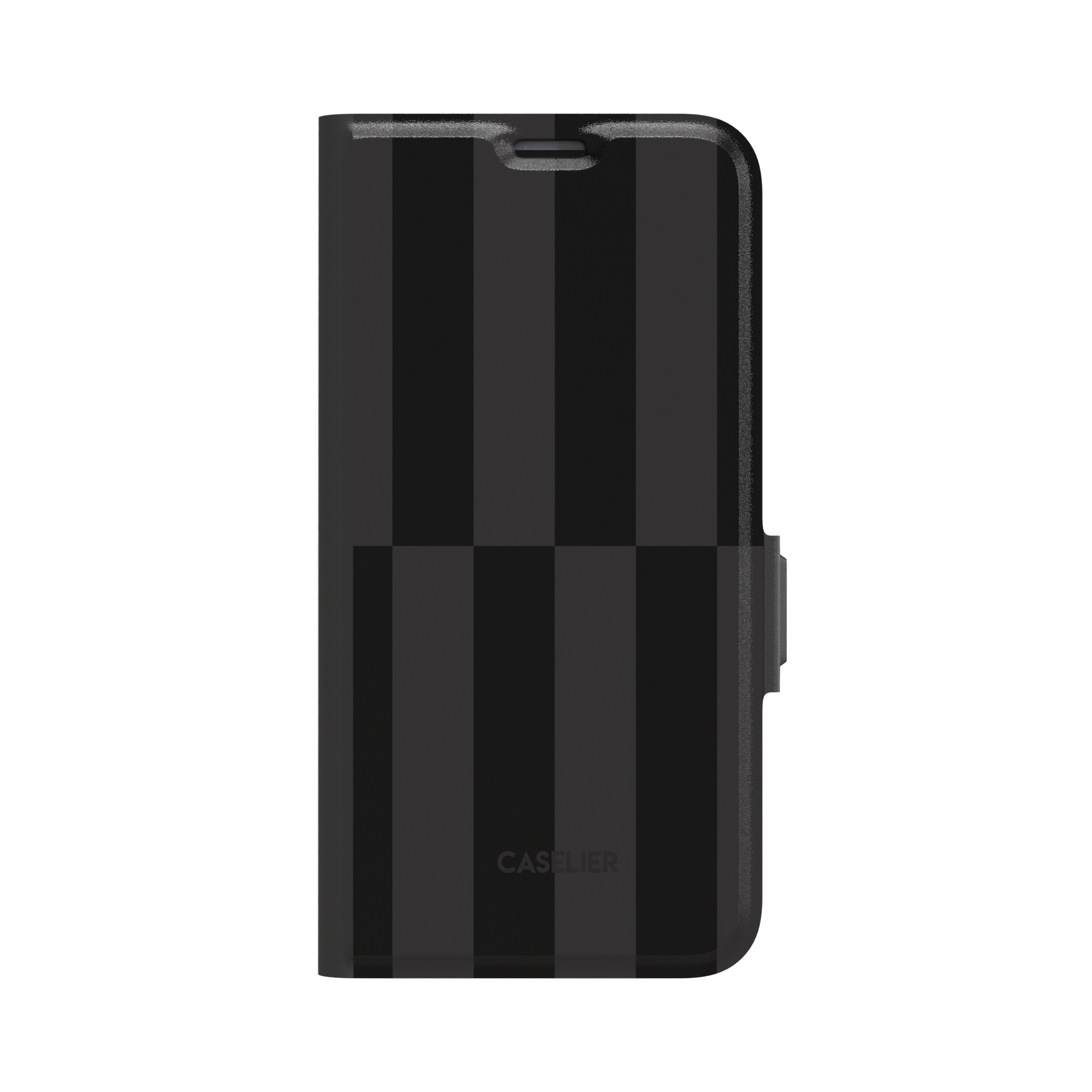Shifted Stripes phone case in dark colourway featuring offset vertical stripes in jet black and dark charcoal with a mid-case lateral shift, phone case by Caselier - wallet case, front view | Caselier