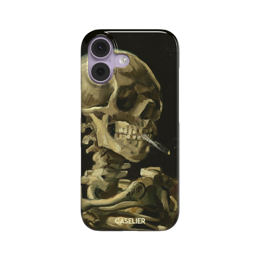 Skull of a Skeleton with Burning Cigarette by Vincent van Gogh phone case, featuring a grinning skeleton with a lit cigarette in olive, ochre and black oil-painting brushwork on a dark background, phone case by Caselier — snap case, front view