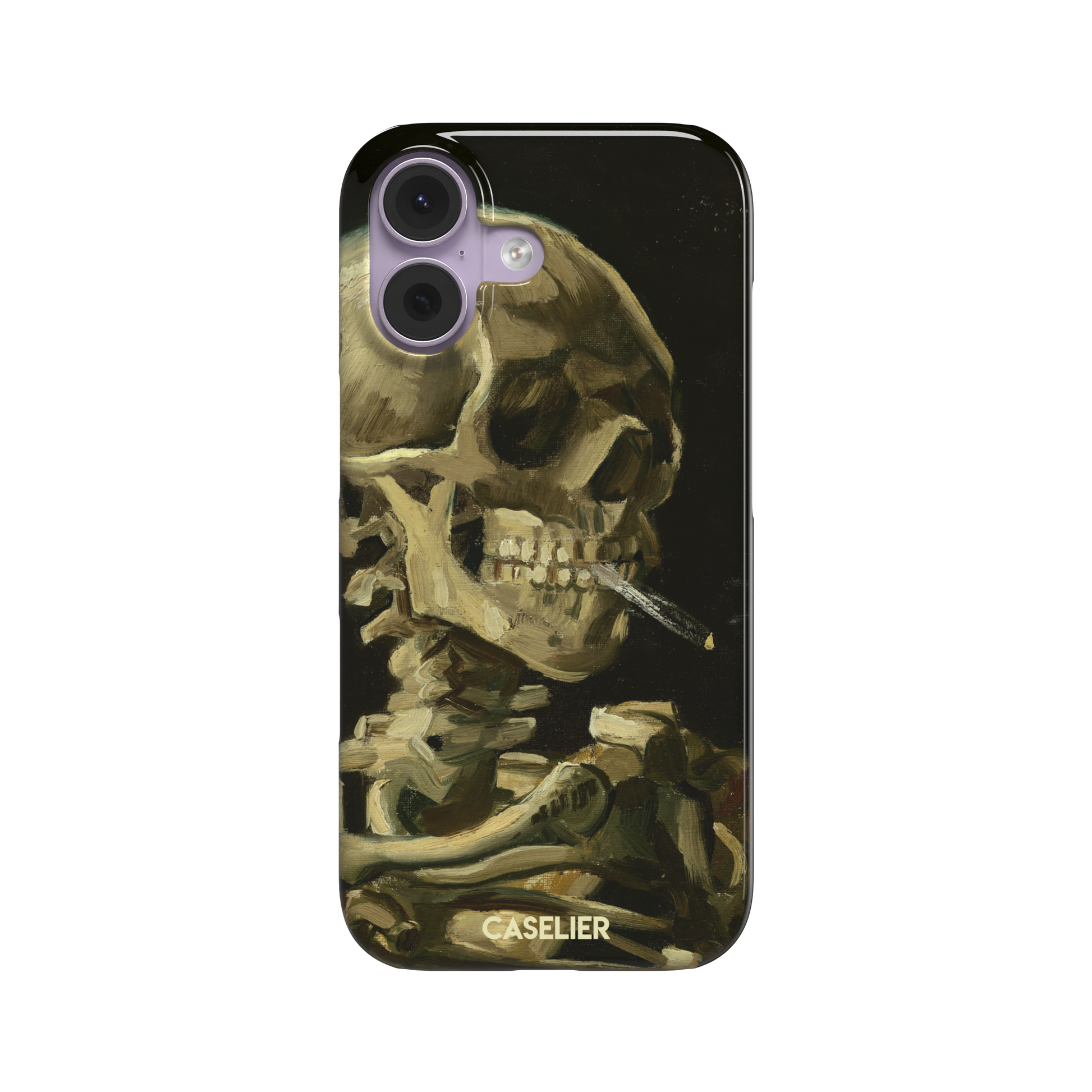 Skull of a Skeleton with Burning Cigarette by Vincent van Gogh phone case, featuring a grinning skeleton with a lit cigarette in olive, ochre and black oil-painting brushwork on a dark background, phone case by Caselier — snap case, front view