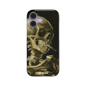 Skull of a Skeleton with Burning Cigarette - Vincent van Gogh, painted skull smoking a cigarette, ochre and bone tones on black background, snap case, front view, phone case by Caselier