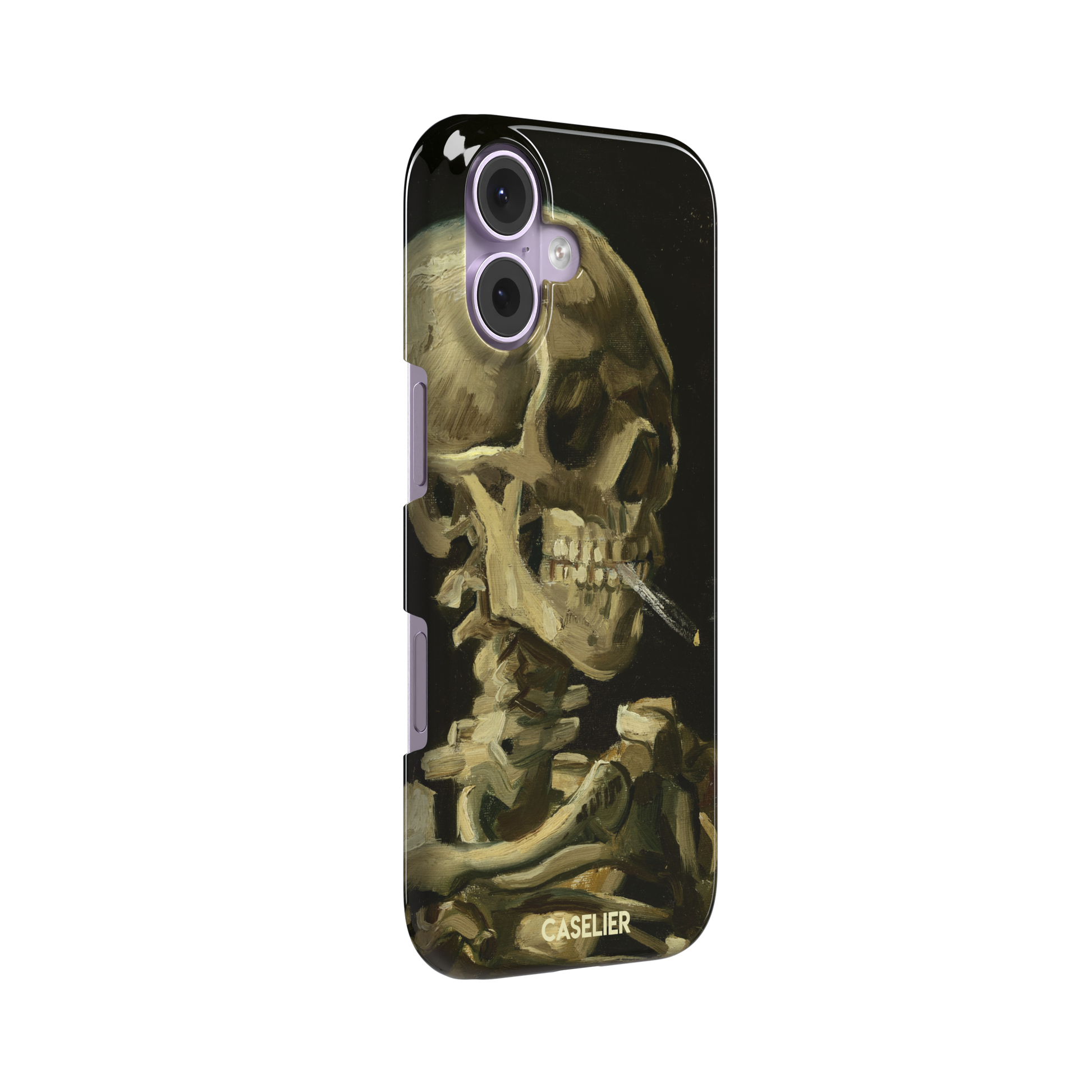 Skull of a Skeleton with Burning Cigarette by Vincent van Gogh phone case, featuring a grinning skeleton with a lit cigarette in olive, ochre and black oil-painting brushwork on a dark background, phone case by Caselier — snap case, left view