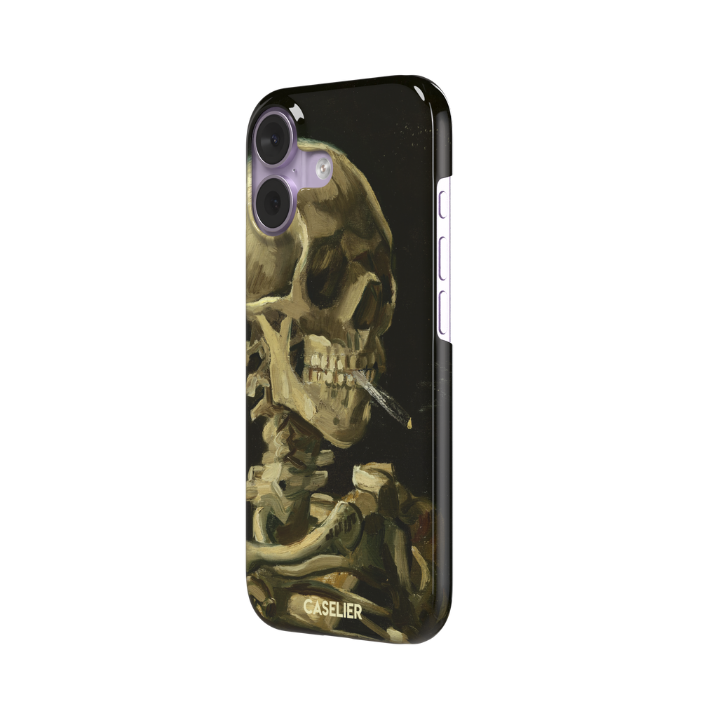 Skull of a Skeleton with Burning Cigarette by Vincent van Gogh phone case, featuring a grinning skeleton with a lit cigarette in olive, ochre and black oil-painting brushwork on a dark background, phone case by Caselier — snap case, right view